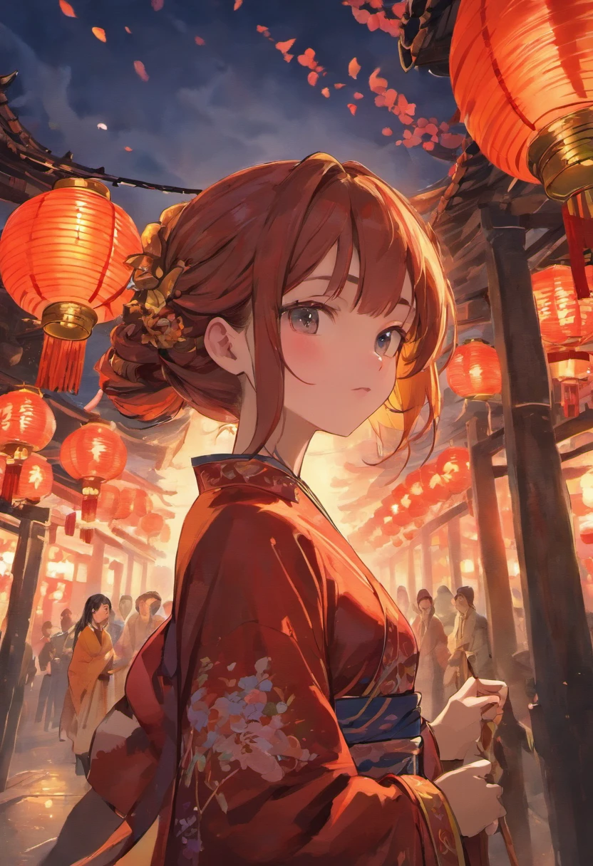 "High-quality works of art：A young brunette girl holds sugar-coated hawthorn skewers in a traditional Chinese setting. She is wearing a dragon pattern cheongsam:1.4 with intricate details and vibrant blues. Surrounding her is the backdrop of a night temple festival:1.8, With a festive atmosphere. The scene is illuminated by soft natural light, Elevate the overall atmosphere. Works should demonstrate ultra-fine painting skills:1.8, Emphasis on realism and photorealism:1.37 Details, Capture the essence of a masterpiece:1.2. The image should be of the highest quality，The resolution is 8K, Displays clear and sharp focus:1.8. Colors should be bright and vibrant, against the backdrop of red lanterns:1.8 Add to the overall color scheme. The artistic style should reflect the fusion of traditional Chinese elements:1.4、contemporary aesthetics, Create a visually captivating and evocative presence. girl eyes, cparted lips, Facial features should have fine detail, Make sure to accurately depict her expression and appearance."

Please reply to me with the full prompt you generated。