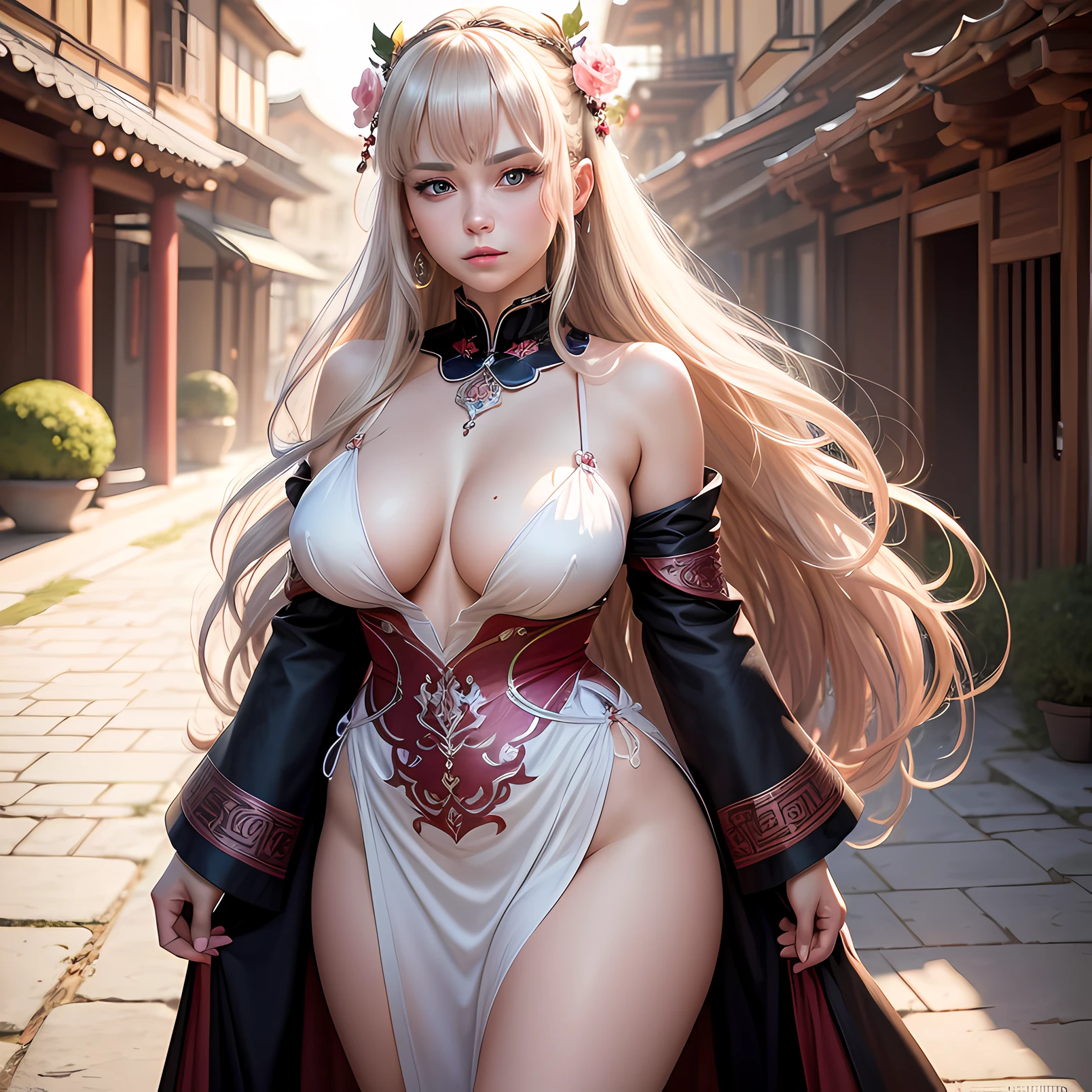 Close-up of a woman wearing a dress with a ribbon on her head, Realistic Young Gravure Idol, sakimichan, sakimichan hdri, けもの, oppai, Young Pretty Gravure Idol, ayami koj ima, top-quality, tmasterpiece, (tmasterpiece:1.2), atdan, 1 plump girl, branch, blooming flowers, jewely, skirt by the, 耳Nipple Ring, That tree, through the bangs, ancient chinese courtyard, hair adornments, view the viewer, Clothes with showing through, Black hair, Hair Flower, Brown hair, exposed bare shoulders, Very long hair, Wide sleeves, long-sleeve, Fixed finger, Exquisite and beautiful eyes, Orange Eyes, Photorealistic, High resolution, 1womanl, glistning skin, Jewelry, Pink lips, long white hair, Blue eyes, Closed mouth, hips up high, Fantasy Armor, Wearing heavy armor LnF, hermosa robber california ruby ocula, full body Esbian, Long medium wavy hair with California highlights that creates a Christmas atmosphere