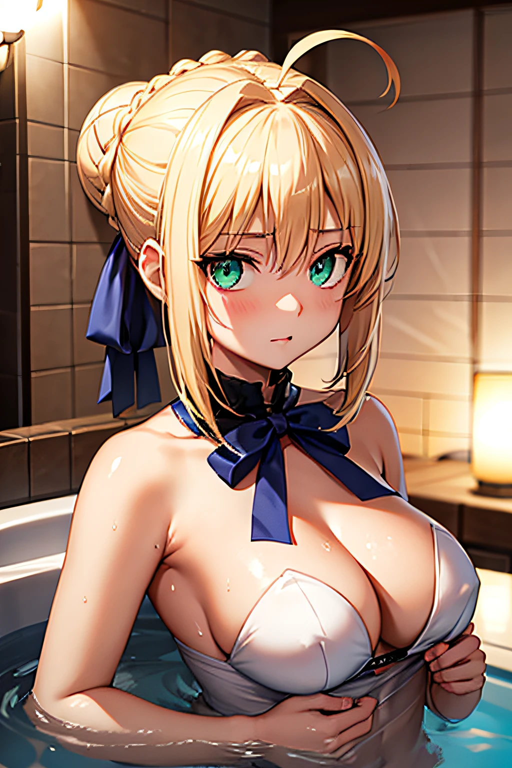 Altas Resoluciones, {saber_fenestaynightufotable:1.15}, rubio_cabello, Ahoge, verde_ojos, cinta, cabello_cinta, trenza, azul_cinta, corto_cabello, anime_colorante, Looking_en_espectador, cabello_entre_ojos, La mejor calidad, Obra maestra,phSaber, phAltoria, 1girl, solamente, Trenza francesa, resplandeciente, tenencia, Hair bun, Parte superior del cuerpo,saber, artoria, green eyes, house, bath, bathing, breasts, armpits, desnudo, nude