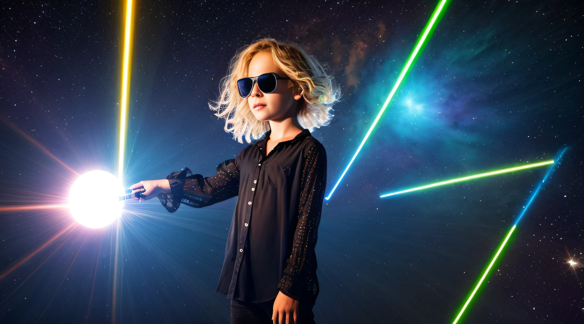 close-up CHILD BLONDE GIRL WITH VERY LONG HAIR, in a black blouse and sunglasses, a laser is being used to illuminate a circle, Rastreamento futurista de lasers, lasers brancos, dyson sphere in space, Lense Flares | | | |, Lazers, Flare FX optical lens, lasers brilhantes, lasers futuristas, Rastreamento futurista de lasers finos, disparo de Lasers, Foto de uma esfera de Dyson, feixes de laser, lasers para luzes, Neon flare lens