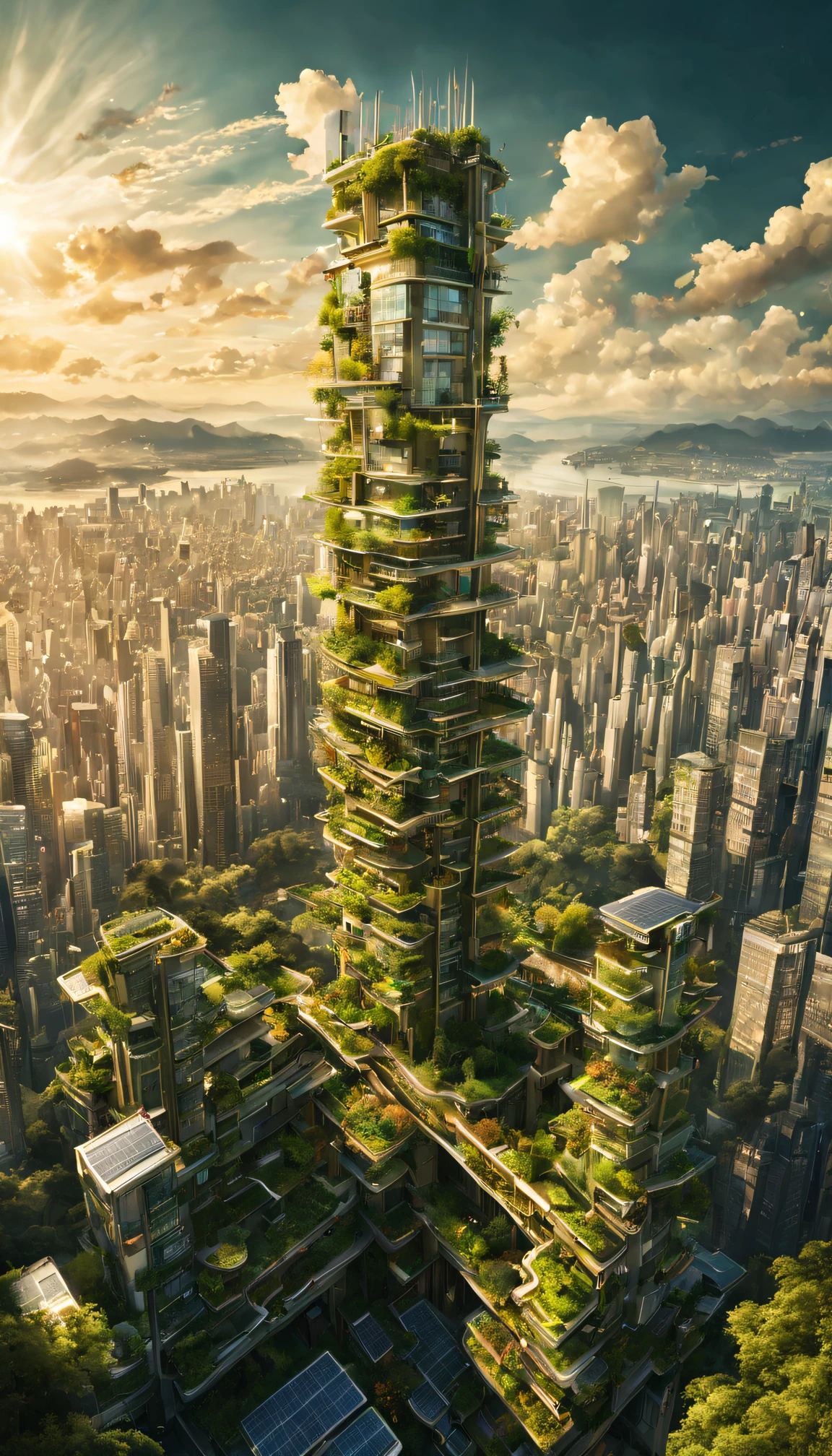 (Masterpiece, top quality, best quality, official art, beautiful and aesthetic:1.2), wide shot, panoramic, focused shot, ecological, vision, innovation, solarpunk place of worship modern building, solarpunk theme, Avant Garde architecture, (epic composition, epic proportion), shopping district, solar panel, clean city, dynamic lighting, bokeh, HD, UHD, 64K, ultra realistic, professional work, award winning, photography,