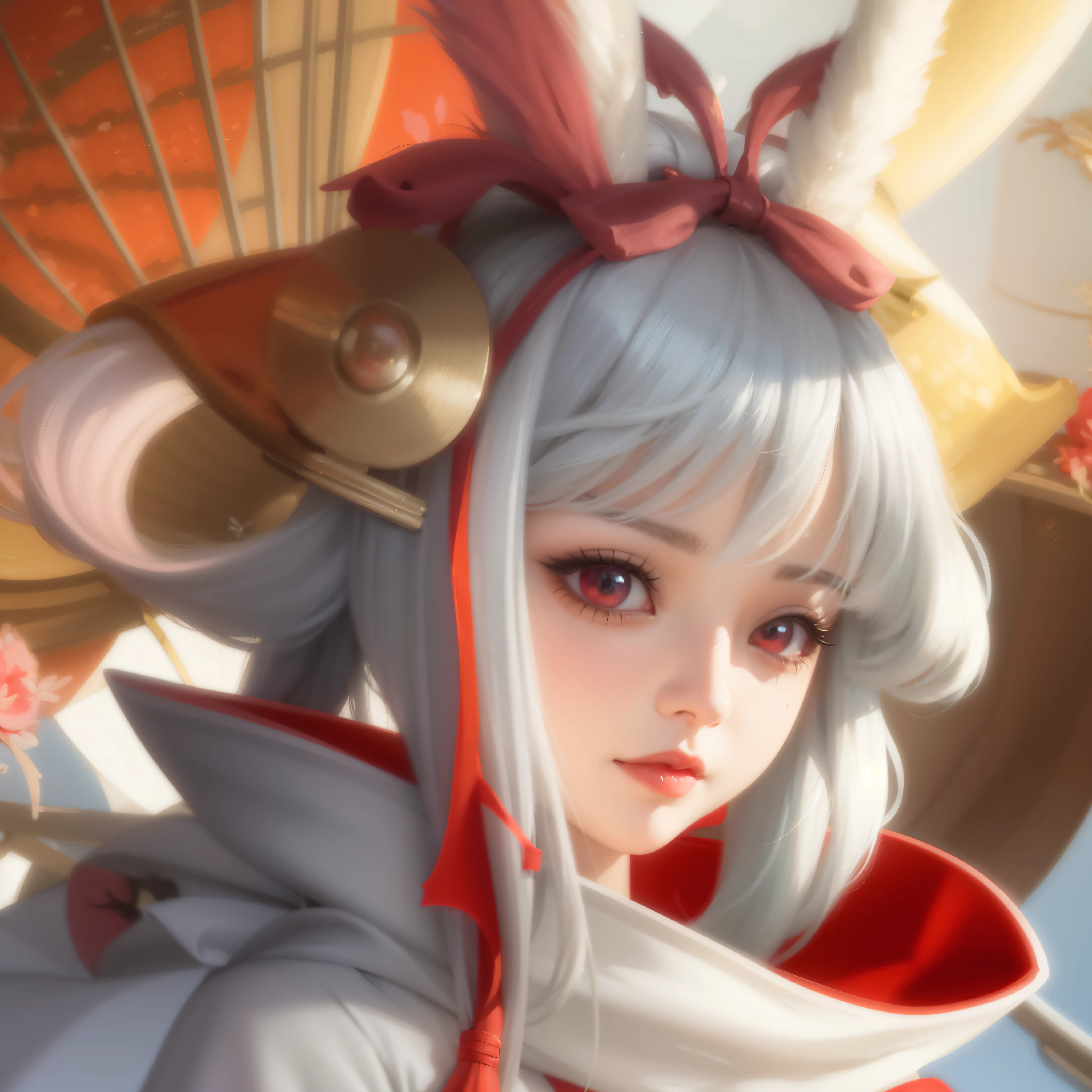 Anime girl with white hair and red and white skirt holding umbrella, onmyoji portrait, Guviz-style artwork, Anime style 4k, Anime fantasy artwork, onmyoji, detailed digital anime art, Anime art wallpaper 8 K, Anime art wallpaper 4k, Anime art wallpaper 4k, digital anime art, advanced anime digital art