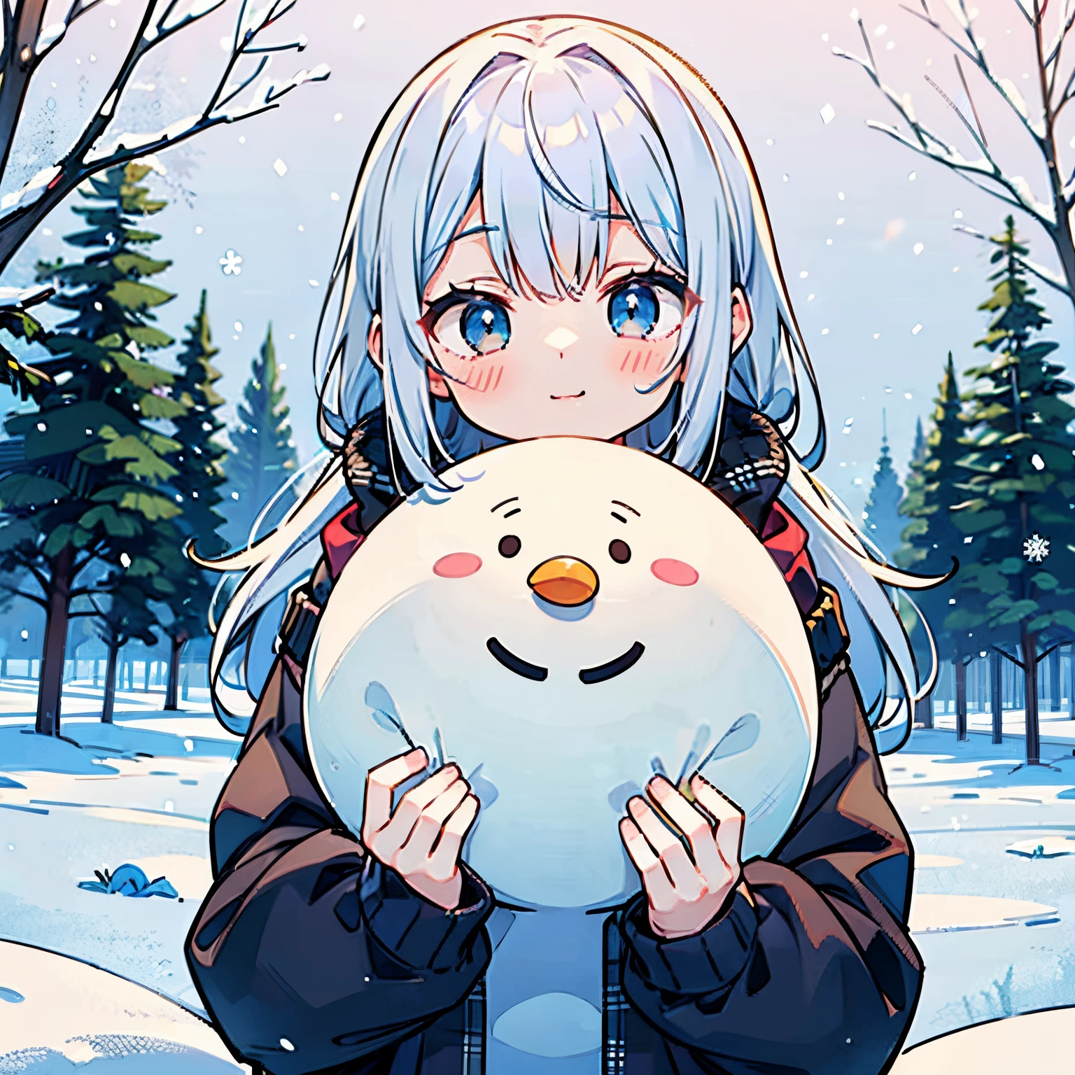Winter season outside description It's snowing snowman wearing a sweater kawaii faces s girl