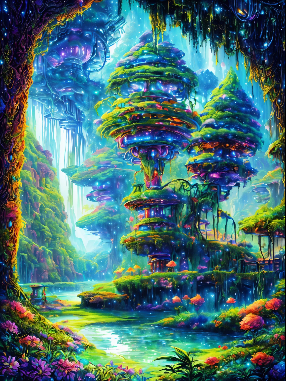 tmasterpiece，（best qualtiy：1.3），fantasy_world，Lush vegetation，colorful flower，pretty lake，the night，(((A sacred utopian world combining futuristic science fiction and fairy tale elements，Mechanical metal combined with classical mythological elements)))