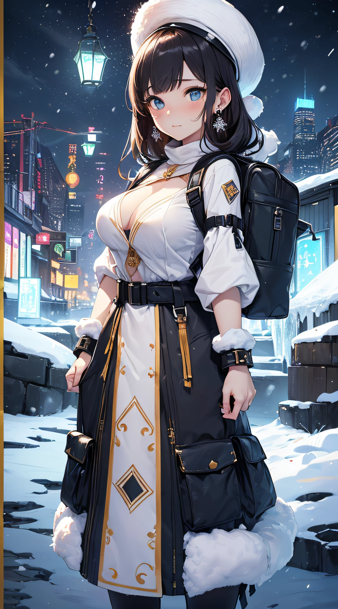 top-quality、Top image quality、​masterpiece(1,4)、Android Girl((black mechanic body、sixteen years old、 ager、Mechanic body、Best Bust、big bast,Beautiful light blue eyes、Breasts wide open, a blond、A slender,Large valleys、belligerent movements,military backpack、dye one's cheeks red、shivering、sapphire earrings、Leaning forward、holding lantern、close to viewer、White breath、)),hiquality、Beautiful Art、Background with((Fantastic world、Ice Burn City at night、snowflakes falling、Heavy snow falls、snowman、ice tower)))、masutepiece、depth of fields,