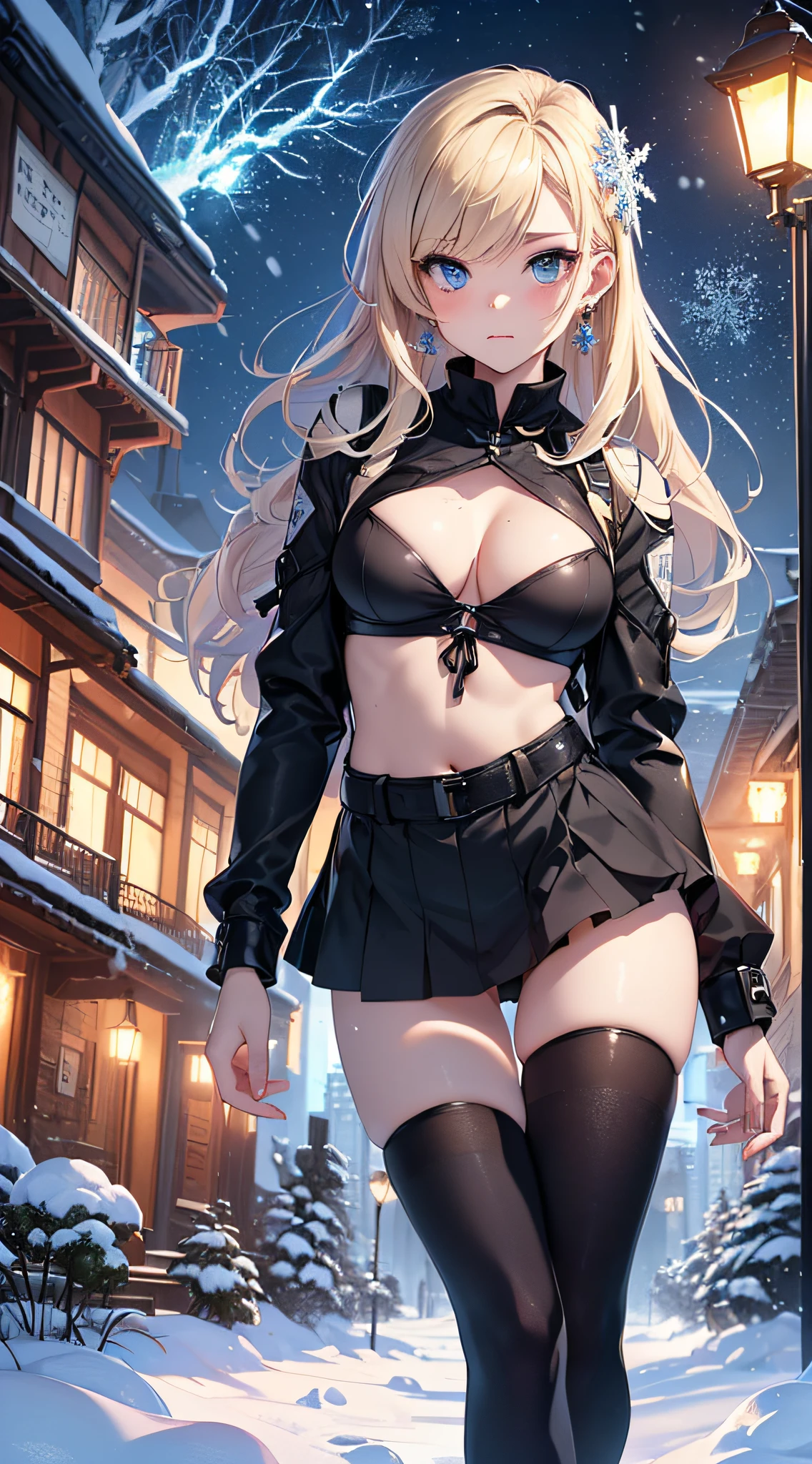 top-quality、Top image quality、masterpiece(1,4)、Android Girl((black mechanic body、sixteen years old、teen ager、Mechanic body、Best Bust、big bast,Beautiful light blue eyes、Breasts wide open, a blond、A slender,Large valleys、belligerent movements,military backpack、dye one's cheeks red、shivering、sapphire earrings、Leaning forward、holding lantern、close to viewer、White breath、)),hiquality、Beautiful Art、Background with((Fantastic world、Ice Burn City at night、snowflakes falling、Heavy snow falls、snowman、ice tower)))、masutepiece、depth of fields,