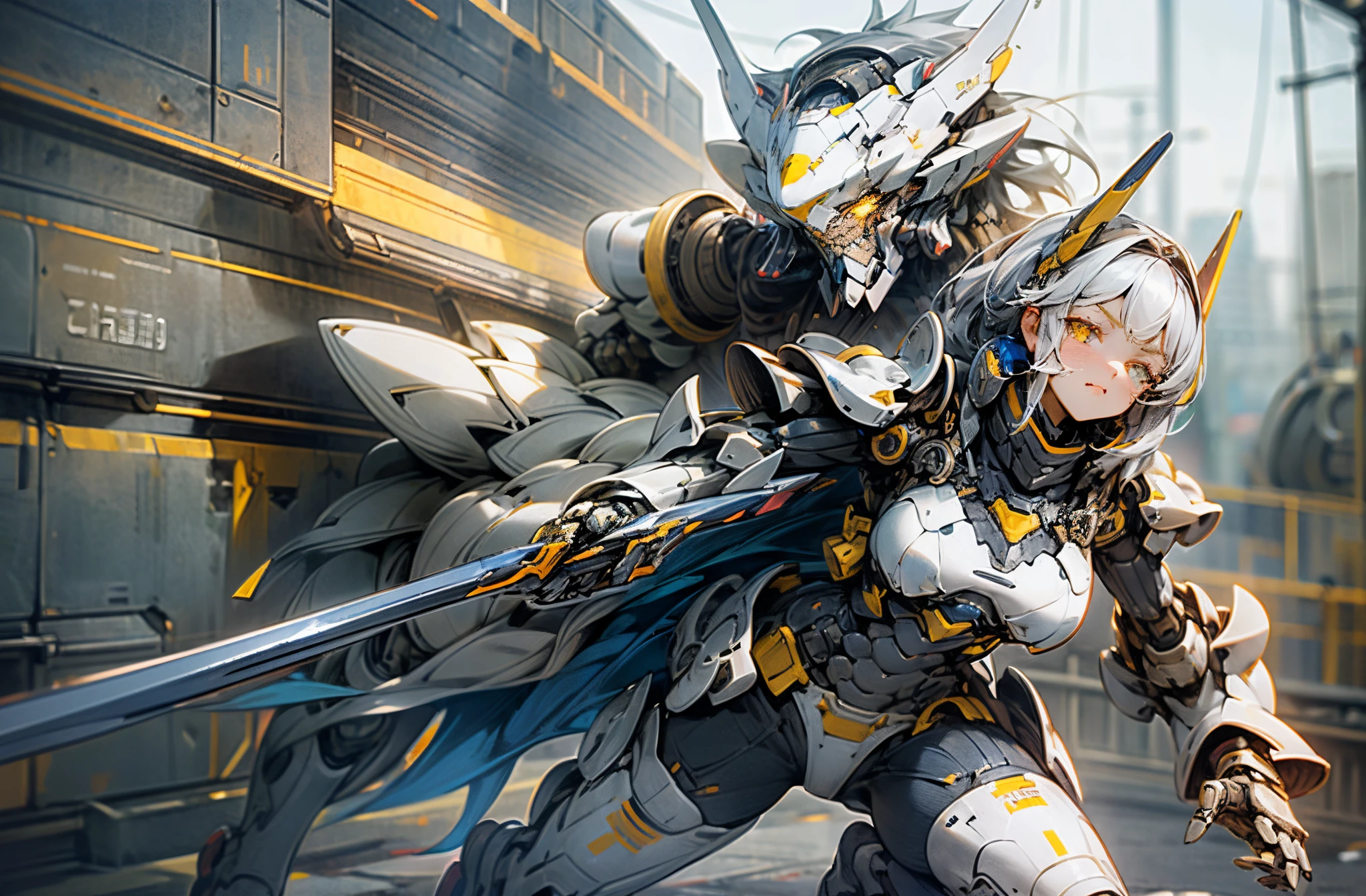 ((Full Bodyesbian)), Girl, Mecha Girl, Very heavy machine armor, wing unit, holding weapons, yellow eyes, action pose, battle, serious, battlefield, ((highest quality)), (super detailed), ((very detailed)), clear outline, (8K), battlefield background, (complex mechanized armor), (perfect face), beautiful eyes, (perfect eyes), (perfect background),