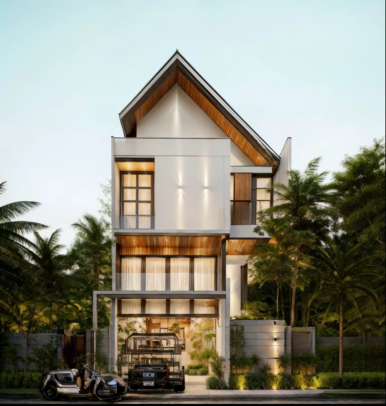 RAW photo, outdoor, (residential architecture exterior:1.3), 1 house architecture, (elegant), Singapore tropical modern house style, white wall and glass and rock and black steel and wood, (Luxury home with exquisite finishing:1.3), (wood),Beautiful tropical garden, warm yellow light in the interior, dark night sky, (high detailed:1.2), (Evening environment with warm dominant interior lighting), 8k uhd, ds, soft lighting, high quality, film grain, Fujifilm XT3