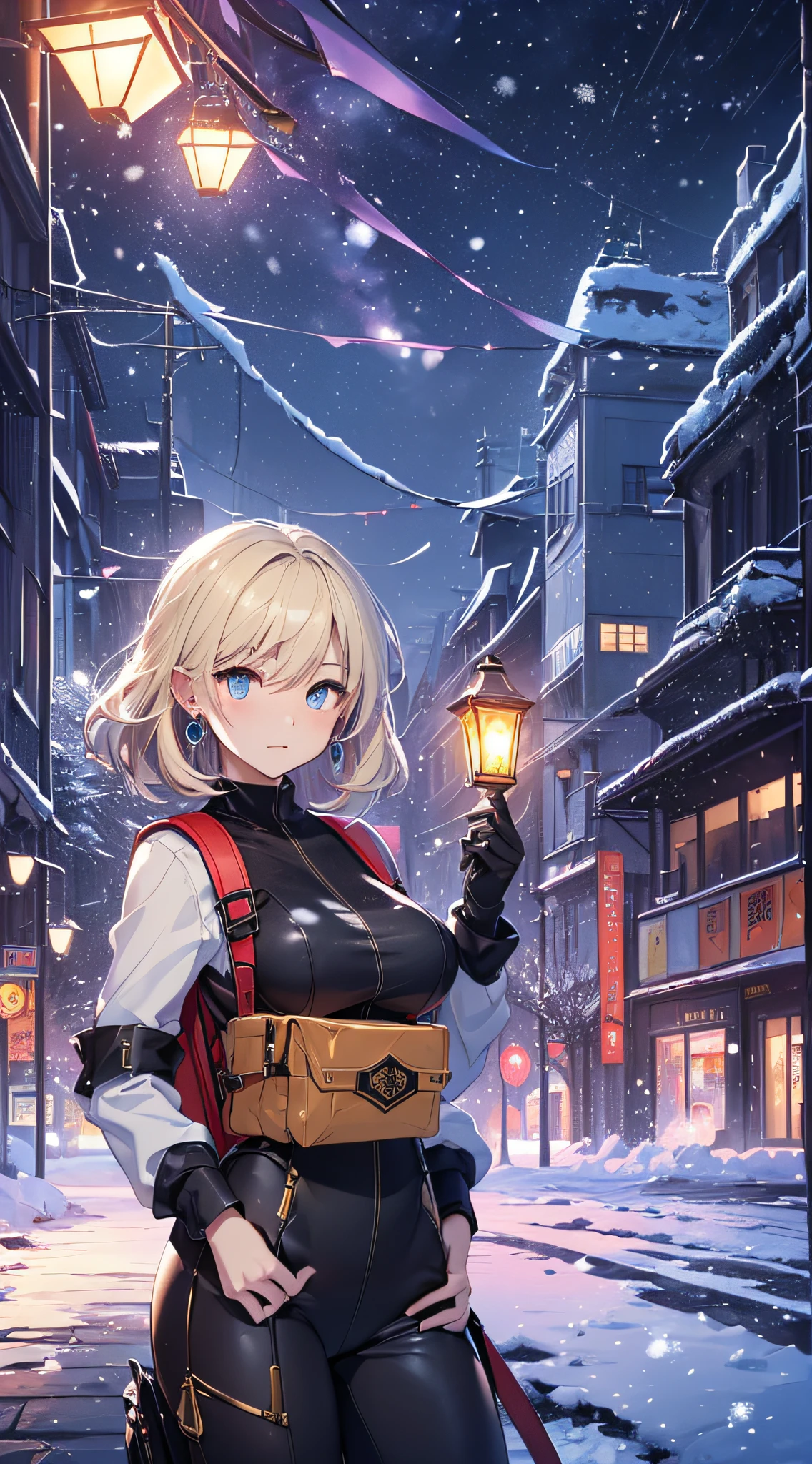top-quality、Top image quality、masterpiece(1,4)、Android Girl((black mechanic body、sixteen years old、teen ager、Mechanic body、Best Bust、big bast,Beautiful light blue eyes、Breasts wide open, a blond、A slender,Large valleys、belligerent movements,military backpack、dye one's cheeks red、shivering、sapphire earrings、Leaning forward、holding lantern、close to viewer、White breath、)),hiquality、Beautiful Art、Background with((Fantastic world、Ice Burn City at night、snowflakes falling、Heavy snow falls、snowman、ice tower)))、masutepiece、depth of fields,