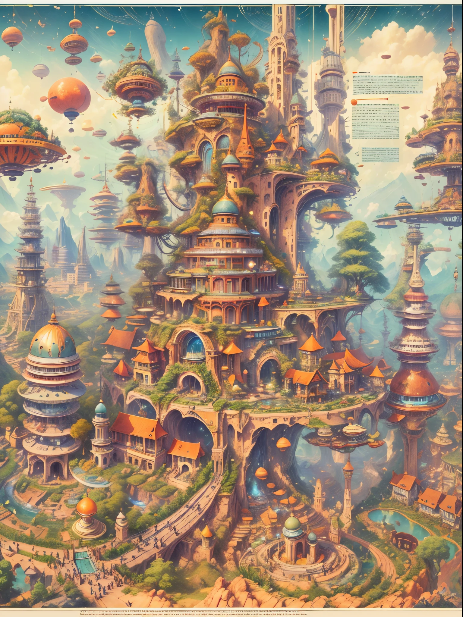 (((A utopian world with futuristic science fiction and fairy tale elements，Mechanical metal combined with classical mythological elements)))，(In this illustration of a utopian world，Describe a fairy tale、An ideal country with science fiction elements。The background is a majestic city，The architectural style combines futuristic and sci-fi elements。Soaring towers and modern glass buildings complement ancient pavilions and temples。The city is surrounded by a verdant forest and clear river，Showing the harmonious coexistence of man and nature)，(There is a huge secret garden in the center of the city，There are all kinds of fantastic plants and creatures growing inside。There are trees that can talk.、Singing birds and various cute animals。In the corner of the garden，There is a huge castle，Its towers reach into the sky)。(science fiction elements：in this utopian world，Technology and nature coexist harmoniously。High-speed maglev trains shuttle through the city，People are flying freely in the air in environmentally friendly aircraft.。Cities are powered by solar energy、Renewable resources such as wind and water energy，Guaranteed ecological sustainable development)。(Cultures：in this utopian world，Cultures of various countries coexist harmoniously，People respect and learn from each other&#39;s traditions and customs。There are various styles of buildings in the city、Sculpture and Artwork，Showcasing the essence of cultures from around the world), (The is very detailed, Well designed, Clear lines, k hd, Best quality at best, tmasterpiece, offcial art, 8K)
