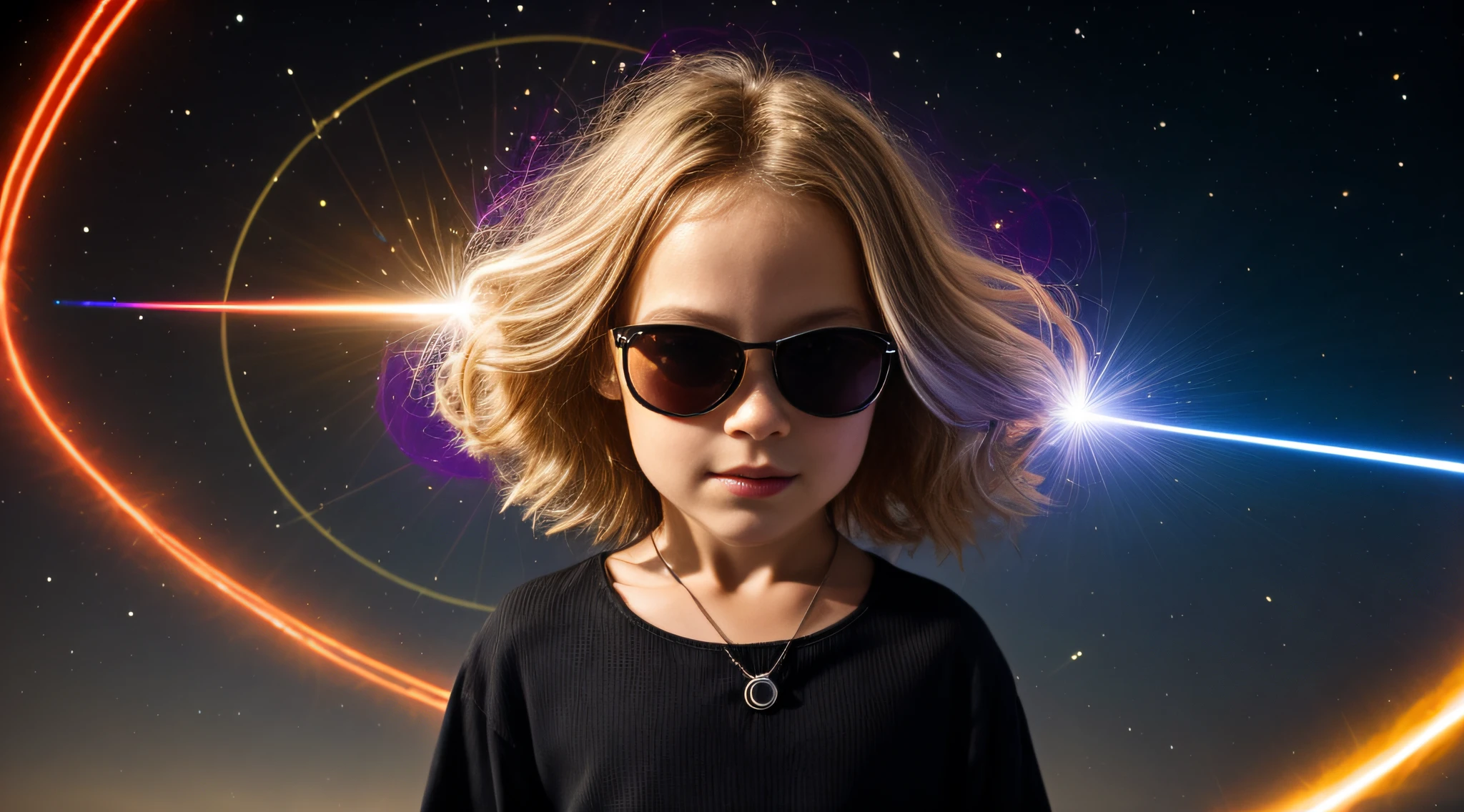 a blonde child girl, com asas em um fundo roxo, Asas pretas ligeiramente queimadas, Asas Negras, lasers verdes,