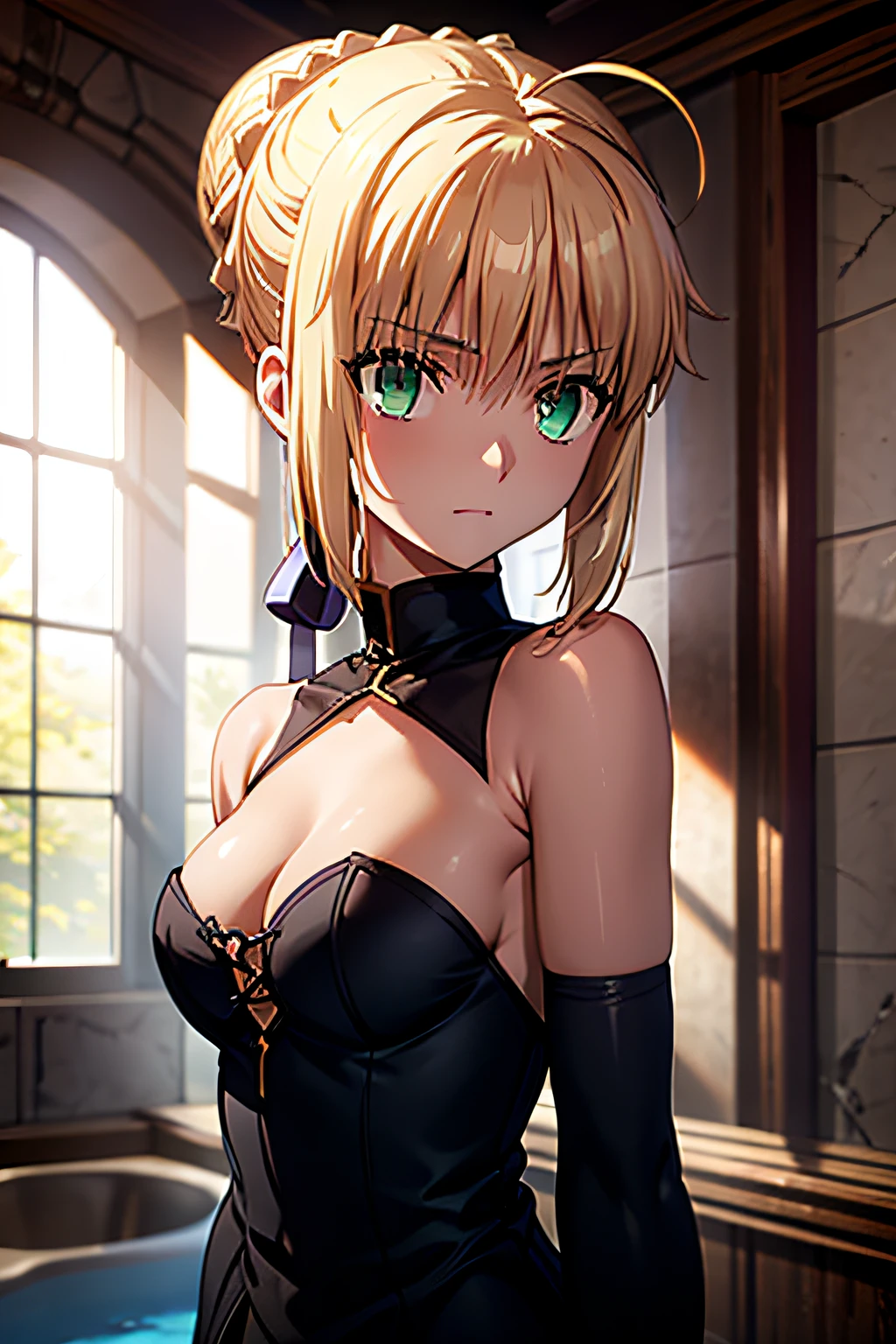 Altas Resoluciones, {saber_fenestaynightufotable:1.15}, rubio_cabello, Ahoge, verde_ojos, cinta, cabello_cinta, trenza, azul_cinta, corto_cabello, anime_colorante, Looking_en_espectador, cabello_entre_ojos, La mejor calidad, Obra maestra,phSaber, phAltoria, 1girl, solamente, Trenza francesa, resplandeciente, tenencia, Hair bun, Parte superior del cuerpo,saber, artoria, green eyes, house, bath, bathing, breasts, armpits, desnudo, nude