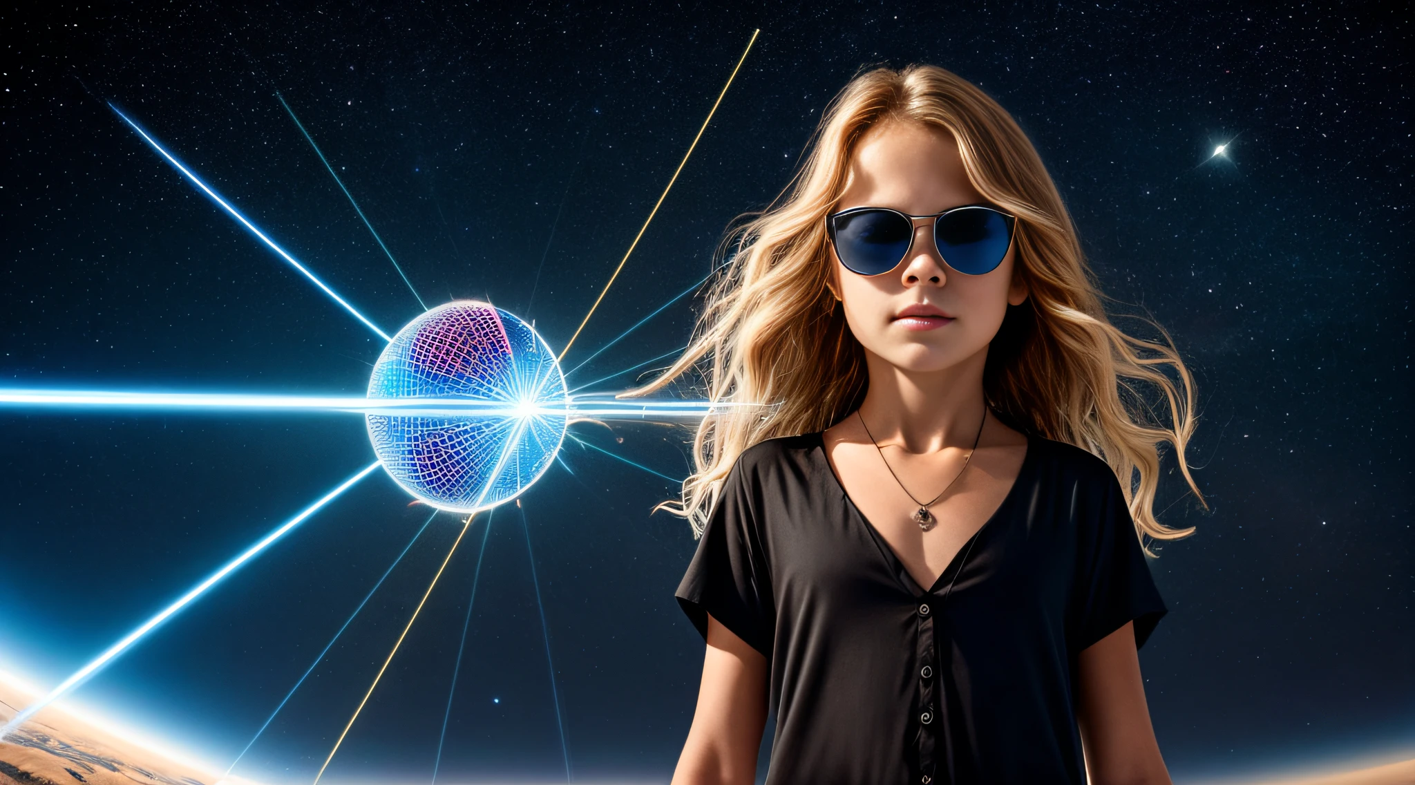 close-up CHILD BLONDE GIRL WITH VERY LONG HAIR, in a black blouse and sunglasses, a laser is being used to illuminate a circle, Rastreamento futurista de lasers, lasers brancos, dyson sphere in space, Lense Flares | | | |, Lazers, Flare FX optical lens, lasers brilhantes, lasers futuristas, Rastreamento futurista de lasers finos, disparo de Lasers, Foto de uma esfera de Dyson, feixes de laser, lasers para luzes, Neon flare lens