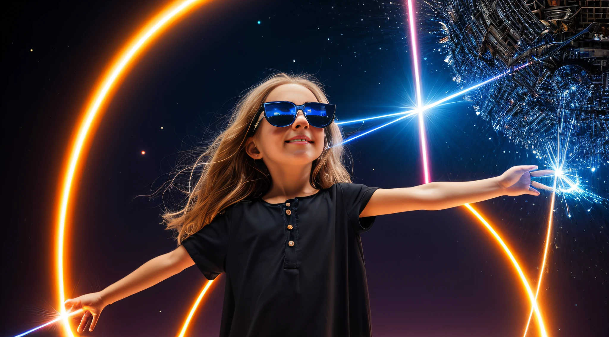 close-up CHILD BLONDE GIRL WITH VERY LONG HAIR, in a black blouse and sunglasses, a laser is being used to illuminate a circle, Rastreamento futurista de lasers, lasers brancos, dyson sphere in space, Lense Flares | | | |, Lazers, Flare FX optical lens, lasers brilhantes, lasers futuristas, Rastreamento futurista de lasers finos, disparo de Lasers, Foto de uma esfera de Dyson, feixes de laser, lasers para luzes, Neon flare lens