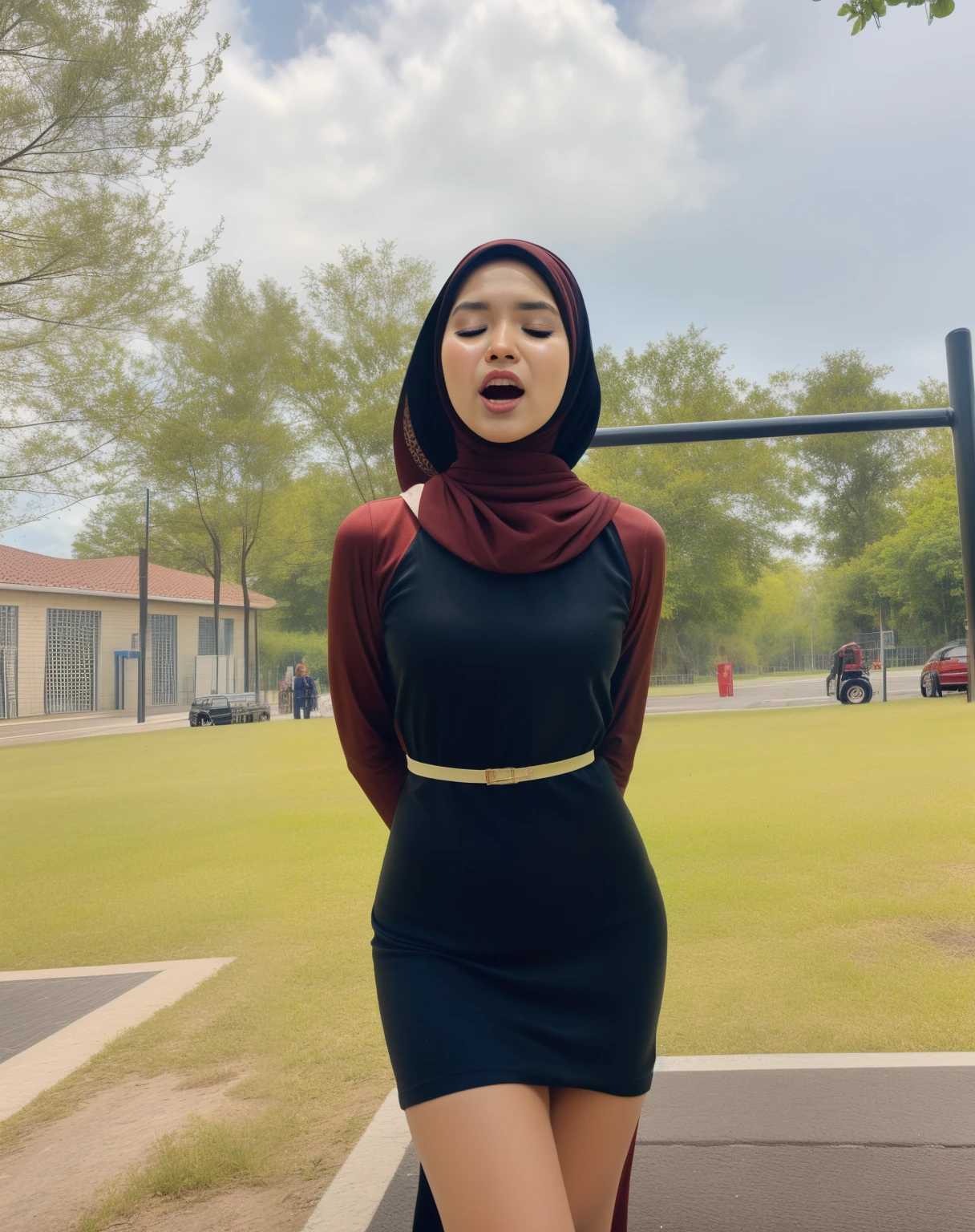 HIJAB MALAY GIRL,, IMF as a good Guy, TECHNOLGY, AI, futuristic, blockchain, International Monetary Fund, (MATRIX WORLD), ((look In front at the camera CLOSED YOUR EYES and open your mouth)).