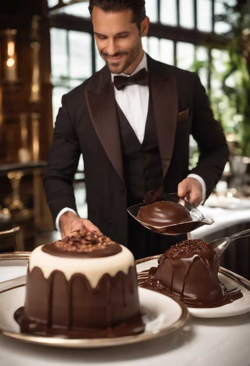 A photo of a beautifully plated chocolate dessert, featuring a rich chocolate mousse topped with a delicate chocolate garnish, and a drizzle of luxurious chocolate sauce being elegantly poured over it.,original,Extremely handsome white man with dark hair and some stubble. Chiseled face. Early to mid forties. Chef. Chocolate maker. , male