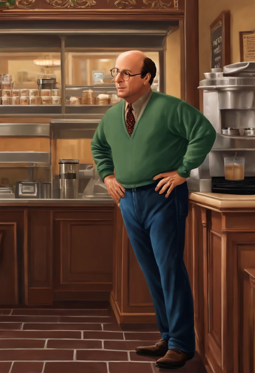 An image of George standing in line at a coffee shop, anxiously checking his watch and muttering to himself,Seinfeld TV Show,George Costanza, a fictional character from the television sitcom “Seinfeld,” is portrayed by actor Jason Alexander. He is characterized by his short, stocky frame, balding head, and typically dressed in simple, casual clothing like jeans and a collared shirt. , male