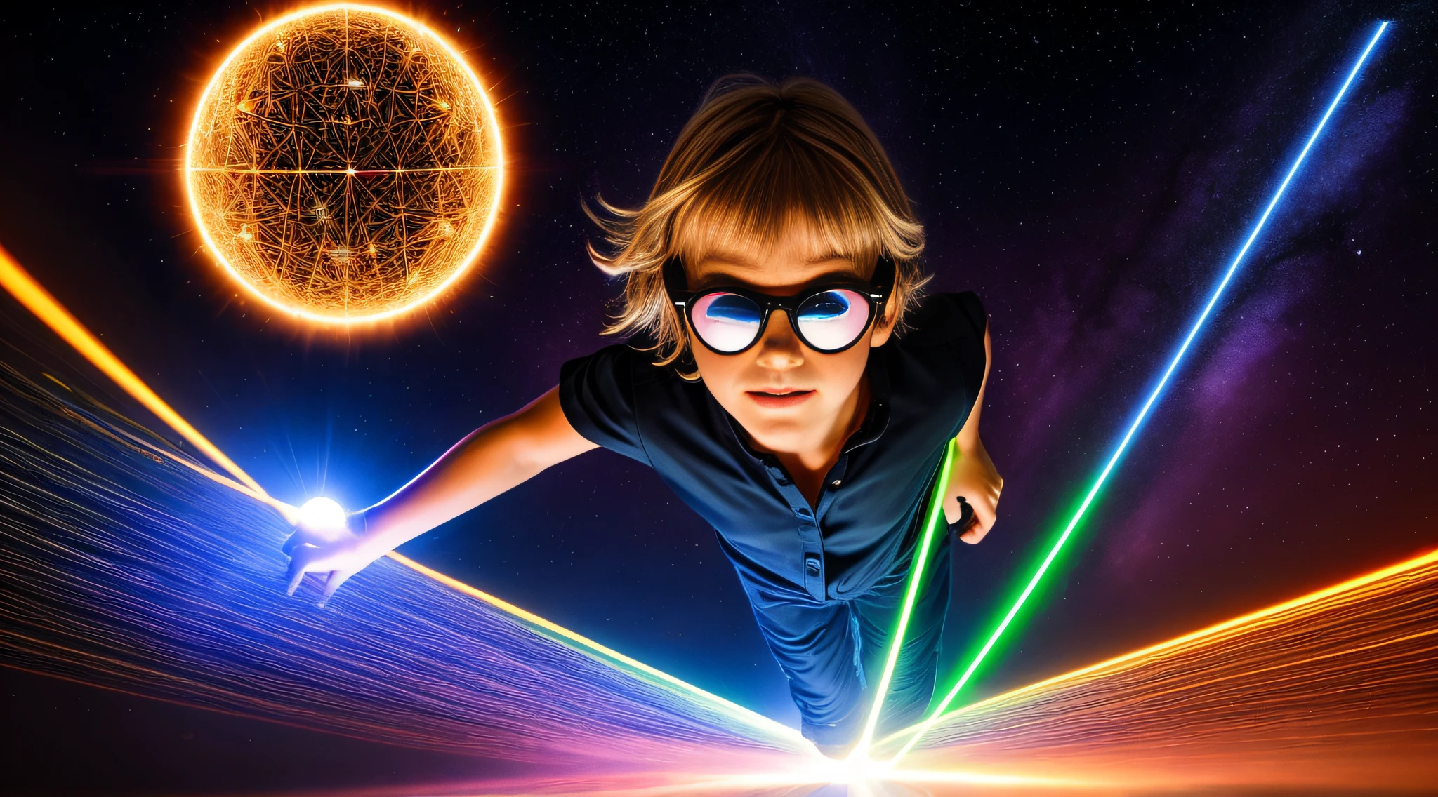 close-up CHILD BLONDE GIRL WITH VERY LONG HAIR, in a black blouse and sunglasses, a laser is being used to illuminate a circle, Rastreamento futurista de lasers, lasers brancos, dyson sphere in space, Lense Flares | | | |, Lazers, Flare FX optical lens, lasers brilhantes, lasers futuristas, Rastreamento futurista de lasers finos, disparo de Lasers, Foto de uma esfera de Dyson, feixes de laser, lasers para luzes, Neon flare lens