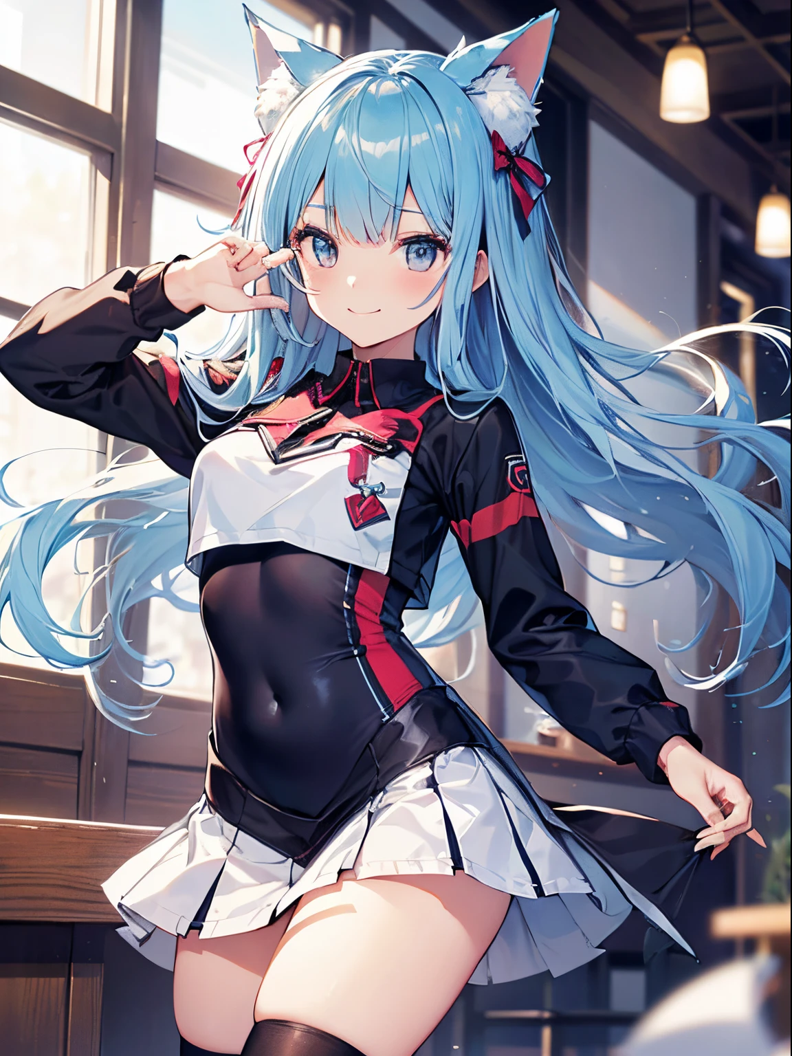 ((2D Beautiful Girl、top-quality: 1.2、perfect fingers: 1.2、perfect anatomia: 1.1、Perfect outfit、face perfect: 1.1、Beautiful illustration))、(Transformation Sequence)、14years、Solio、A Princess、Fractal Art、a baby face、((stright long hair))、(Slender legs)、Large sagging eyes:1.1、(1人)、Shy smile、Fox ears、Dance School、leotard style cheerleader、long-sleeve、White costume、(I don't wear a skirt:1.3)
