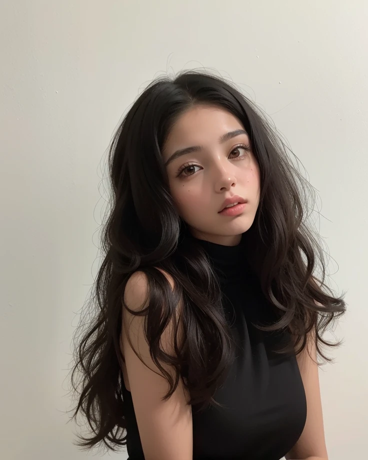 Arafed Mujer con cabello largo y oscuro y un top negro, Retrato Sophie Mudd, Cerveza Madison, 18 years old, Retrato de la chica cervecera de Madison, Cerveza Soft Devil Queen Madison, cabello negro largo y rizado, she has olive brown skin, Corte de pelo rizado en la parte media, Hermosa cara latina, 1 6 years, Su cabello negro es un largo y rizado, Cabello largo y rizado negro