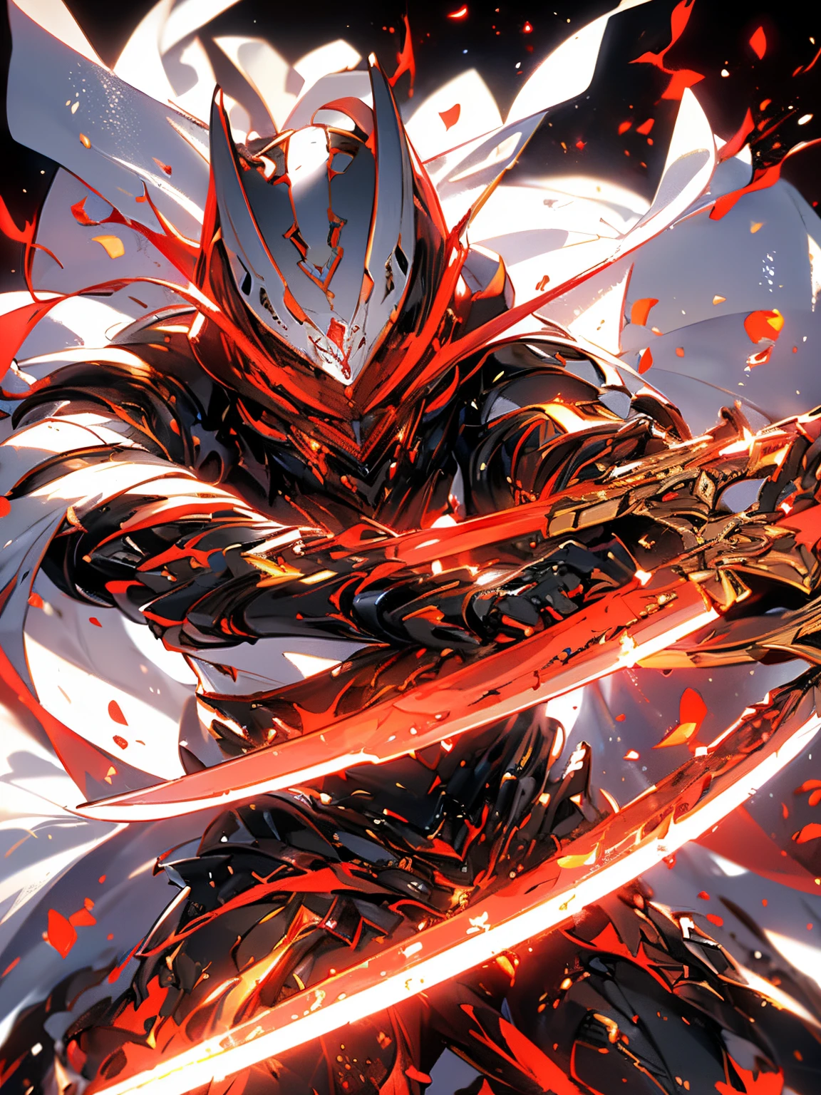Super realistic, hyper realistic, super detailed, (cybersamurai, 1boy, ((solo)), ((attacking with red sword)) , wearing white armor and mask, cape, glowing beautiful red eyes, glow:1.3) (glowing simple black background:1.25),