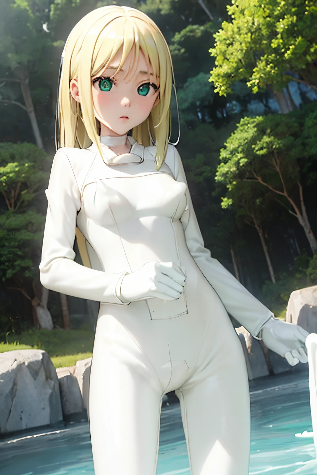 the real thing、女の子1人、a blond、Longhaire、green colored eyes、ddlers、(small tits)、(pointed Nipple)、((white rubber suit:1.5))、((big breasts thin waist))、a wet body、Cowboy Shot、facing front、Shiny body、pee、Looking at the camera、masterpiece, Shoot head-on