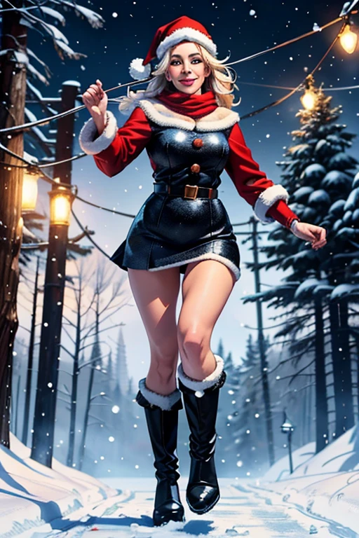 woman,short dress,santa claus costume,black boots,walking to observer,(best quality,4k,8k,highres,masterpiece:1.2),ultra-detailed,realistic,photorealistic:1.37,portraits,vivid colors,studio lighting,winter scene,cold breeze,smiling face,snow-covered ground,pine trees covered in snow,snowflakes falling in the air,magic atmosphere,sparkling lights,evoking joy and excitement