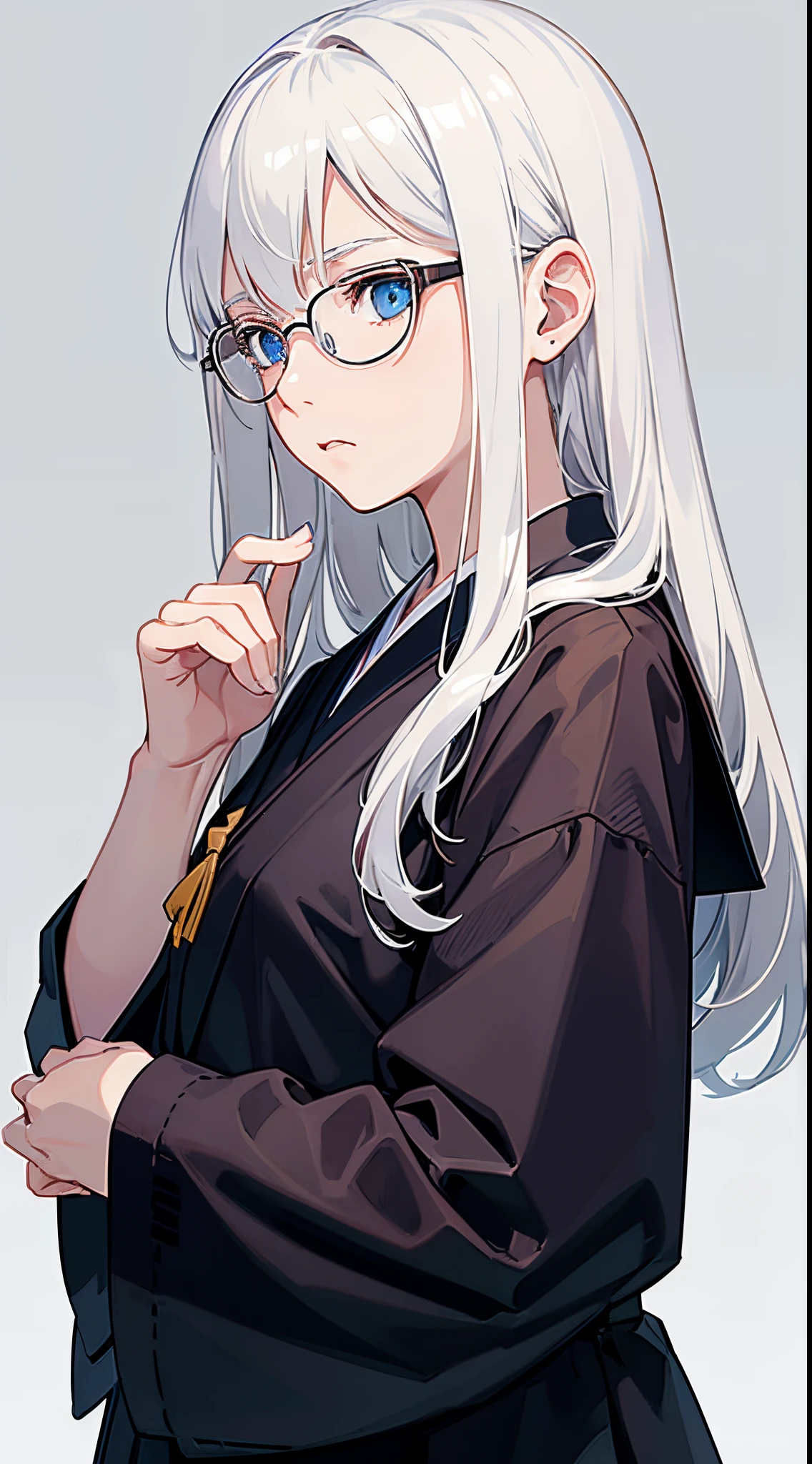 1 girl 20 years, medium length white hair, blue eyes, wearing glasses, wearing Japanese school uniform, from the side, side face, thinking, Concentrated face, Concentrated thinking, right hand touching chin, Upper body, White Background, best graphics, 8k, masterpiece, best quality, highly detailed, white hair, wallpaper, chin rest ,glasses, solo