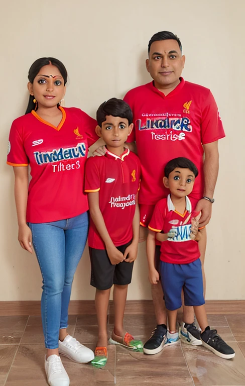 A indian family photo, mum dad and 2 boys that supports liverpool football club.