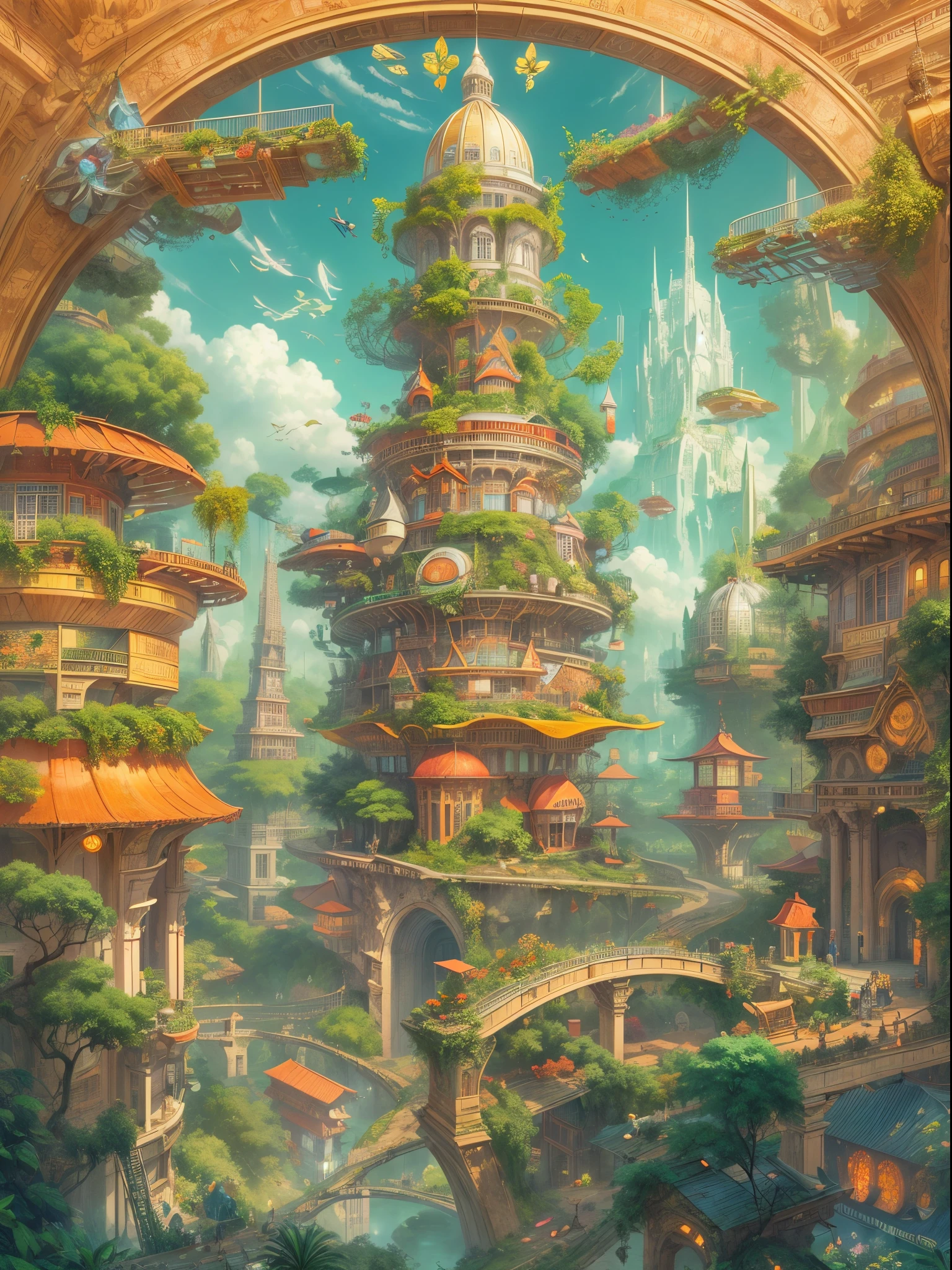 (((A utopian world with futuristic science fiction and fairy tale elements，Mechanical metal combined with classical mythological elements)))，(In this illustration of a utopian world，Describe a fairy tale、An ideal country with science fiction elements。The background is a majestic city，The architectural style combines futuristic and sci-fi elements。Soaring towers and modern glass buildings complement ancient pavilions and temples。The city is surrounded by a verdant forest and clear river，Showing the harmonious coexistence of man and nature)，(There is a huge secret garden in the center of the city，There are all kinds of fantastic plants and creatures growing inside。There are trees that can talk.、Singing birds and various cute animals。In the corner of the garden，There is a huge castle，Its towers reach into the sky)。(science fiction elements：in this utopian world，Technology and nature coexist harmoniously。High-speed maglev trains shuttle through the city，People are flying freely in the air in environmentally friendly aircraft.。Cities are powered by solar energy、Renewable resources such as wind and water energy，Guaranteed ecological sustainable development)。(Cultures：in this utopian world，Cultures of various countries coexist harmoniously，People respect and learn from each other&#39;s traditions and customs。There are various styles of buildings in the city、Sculpture and Artwork，Showcasing the essence of cultures from around the world), (The is very detailed, Well designed, Clear lines, k hd, Best quality at best, tmasterpiece, offcial art, 8K)