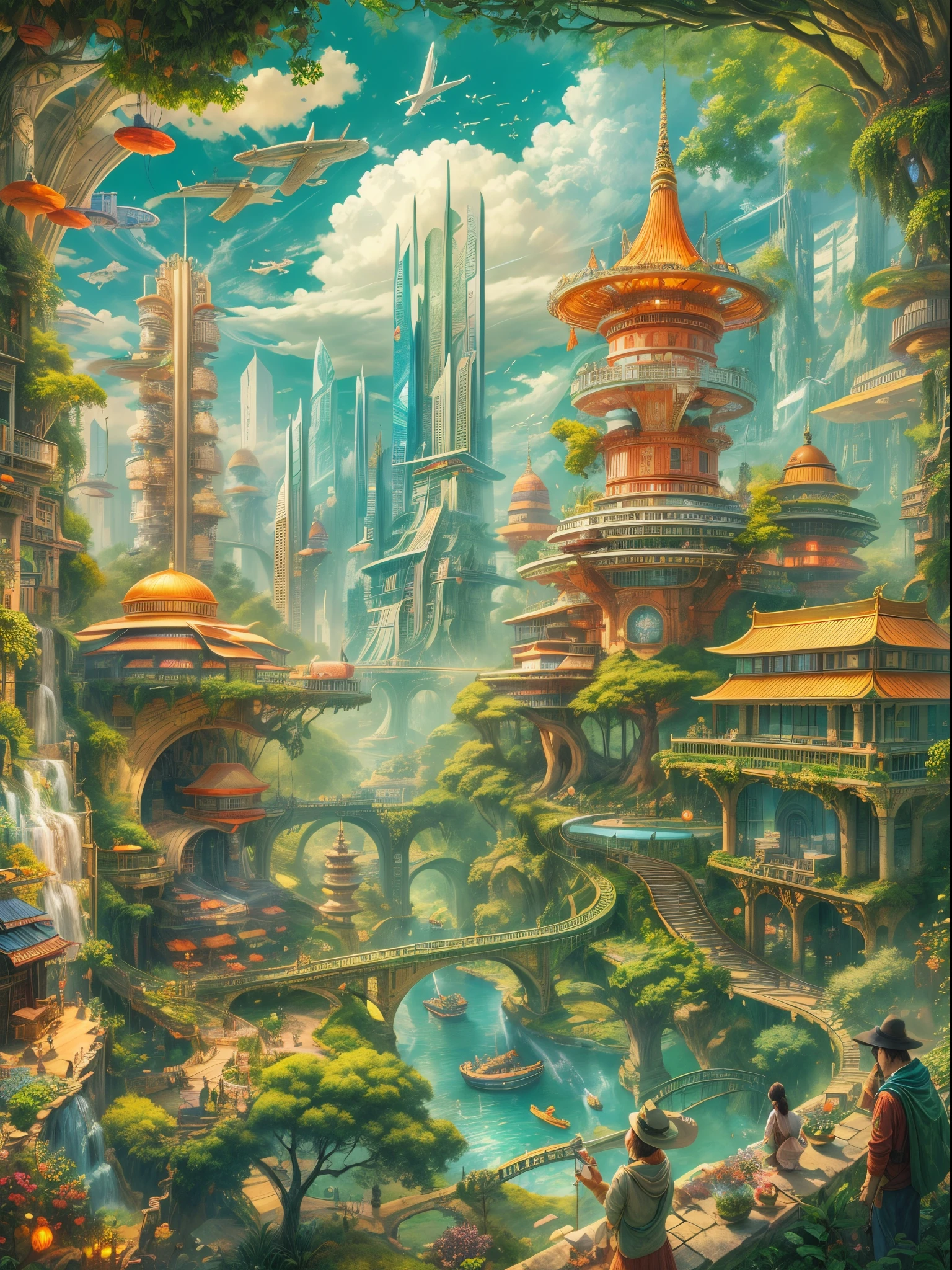 (((A utopian world with futuristic science fiction and fairy tale elements，Mechanical metal combined with classical mythological elements)))，(In this illustration of a utopian world，Describe a fairy tale、An ideal country with science fiction elements。The background is a majestic city，The architectural style combines futuristic and sci-fi elements。Soaring towers and modern glass buildings complement ancient pavilions and temples。The city is surrounded by a verdant forest and clear river，Showing the harmonious coexistence of man and nature)，(There is a huge secret garden in the center of the city，There are all kinds of fantastic plants and creatures growing inside。There are trees that can talk.、Singing birds and various cute animals。In the corner of the garden，There is a huge castle，Its towers reach into the sky)。(science fiction elements：in this utopian world，Technology and nature coexist harmoniously。High-speed maglev trains shuttle through the city，People are flying freely in the air in environmentally friendly aircraft.。Cities are powered by solar energy、Renewable resources such as wind and water energy，Guaranteed ecological sustainable development)。(Cultures：in this utopian world，Cultures of various countries coexist harmoniously，People respect and learn from each other&#39;s traditions and customs。There are various styles of buildings in the city、Sculpture and Artwork，Showcasing the essence of cultures from around the world), (The is very detailed, Well designed, Clear lines, k hd, Best quality at best, tmasterpiece, offcial art, 8K)