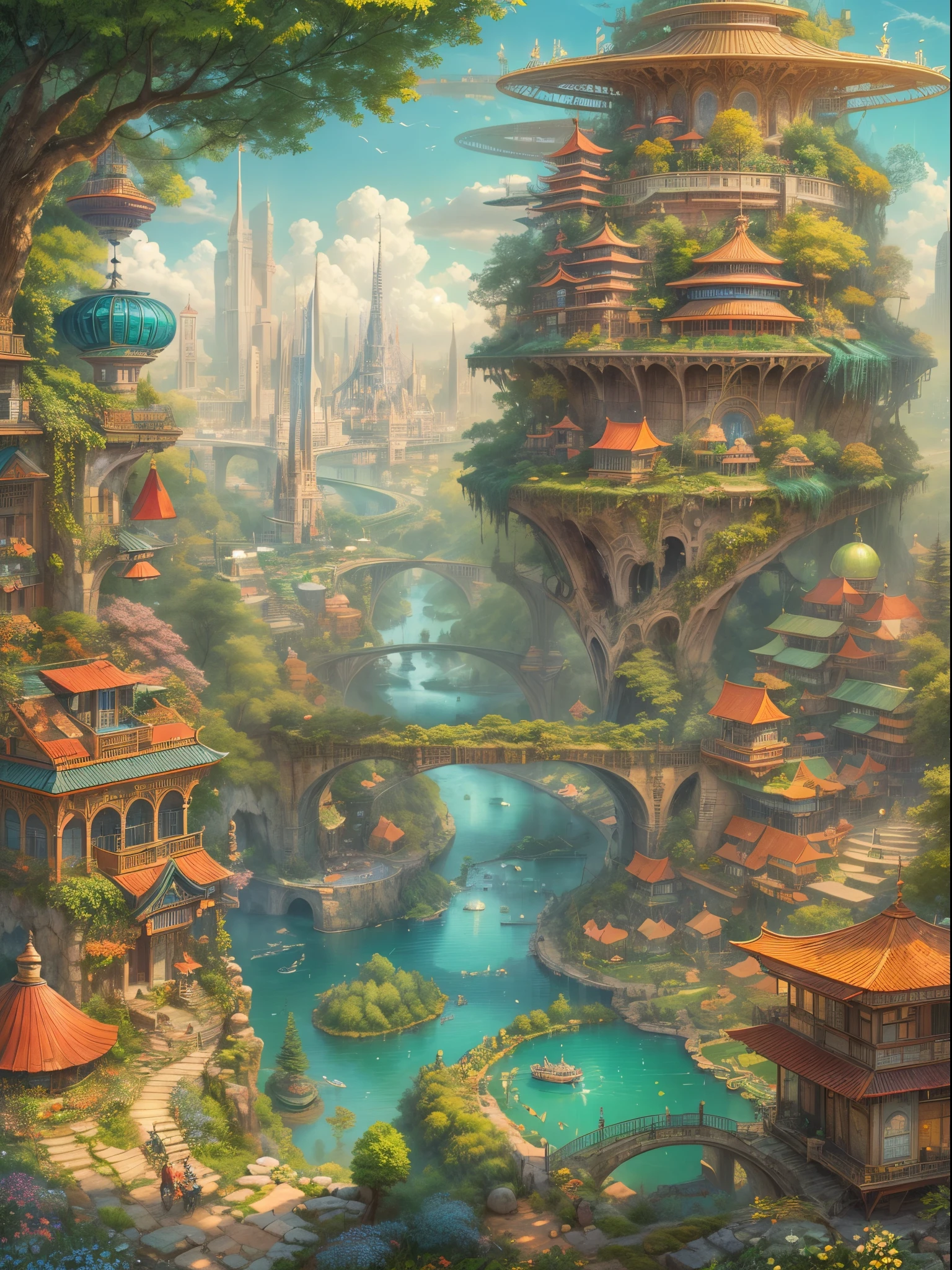 (((A utopian world with futuristic science fiction and fairy tale elements，Mechanical metal combined with classical mythological elements)))，(In this illustration of a utopian world，Describe a fairy tale、An ideal country with science fiction elements。The background is a majestic city，The architectural style combines futuristic and sci-fi elements。Soaring towers and modern glass buildings complement ancient pavilions and temples。The city is surrounded by a verdant forest and clear river，Showing the harmonious coexistence of man and nature)，(There is a huge secret garden in the center of the city，There are all kinds of fantastic plants and creatures growing inside。There are trees that can talk.、Singing birds and various cute animals。In the corner of the garden，There is a huge castle，Its towers reach into the sky)。(science fiction elements：in this utopian world，Technology and nature coexist harmoniously。High-speed maglev trains shuttle through the city，People are flying freely in the air in environmentally friendly aircraft.。Cities are powered by solar energy、Renewable resources such as wind and water energy，Guaranteed ecological sustainable development)。(Cultures：in this utopian world，Cultures of various countries coexist harmoniously，People respect and learn from each other&#39;s traditions and customs。There are various styles of buildings in the city、Sculpture and Artwork，Showcasing the essence of cultures from around the world), (The is very detailed, Well designed, Clear lines, k hd, Best quality at best, tmasterpiece, offcial art, 8K)