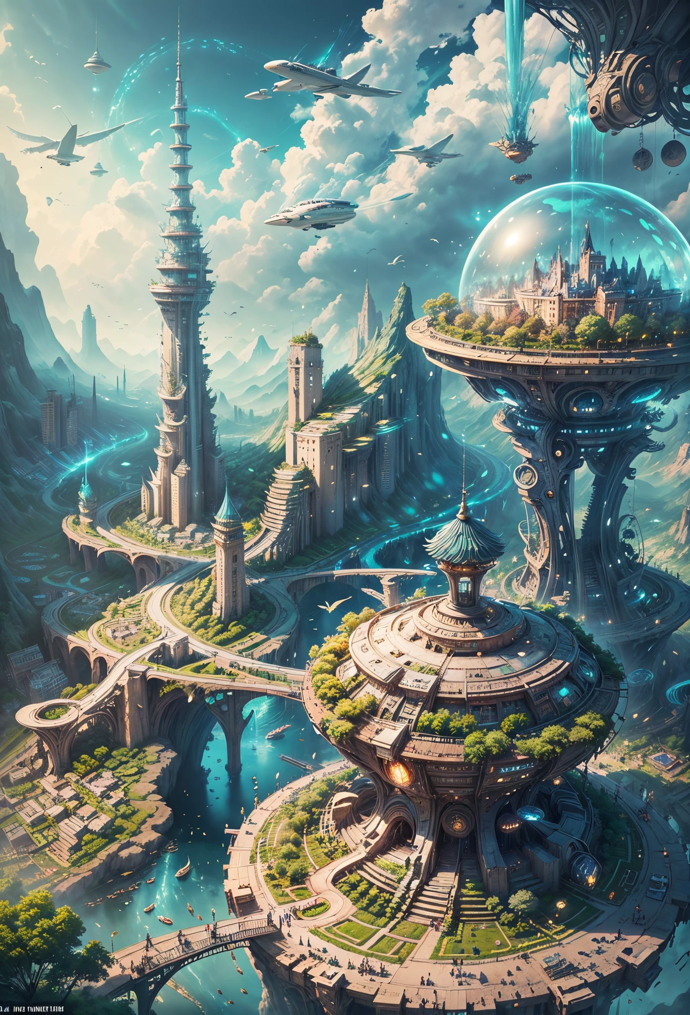 (((A utopian world with futuristic science fiction and fairy tale elements,Mechanical metal combined with classical mythological elements))),(In this illustration of a utopian world,Describe a fairy tale、An ideal country with science fiction elements。The background is a majestic city,The architectural style combines futuristic and sci-fi elements。Soaring towers and modern glass buildings complement ancient pavilions and temples。The city is surrounded by a verdant forest and clear river,Showing the harmonious coexistence of man and nature),(There is a huge secret garden in the center of the city,There are all kinds of fantastic plants and creatures growing inside。There are trees that can talk.、Singing birds and various cute animals。In the corner of the garden,There is a huge castle,Its towers reach into the sky)。(science fiction elements:in this utopian world,Technology and nature coexist harmoniously。High-speed maglev trains shuttle through the city,People are flying freely in the air in environmentally friendly aircraft.。Cities are powered by solar energy、Renewable resources such as wind and water energy,Guaranteed ecological sustainable development)。(Cultures:in this utopian world,Cultures of various countries coexist harmoniously,People respect and learn from each other's traditions and customs。There are various styles of buildings in the city、Sculpture and Artwork,Showcasing the essence of cultures from around the world), (The is very detailed, Well designed, Clear lines, k hd, Best quality at best, tmasterpiece, offcial art, 8K)