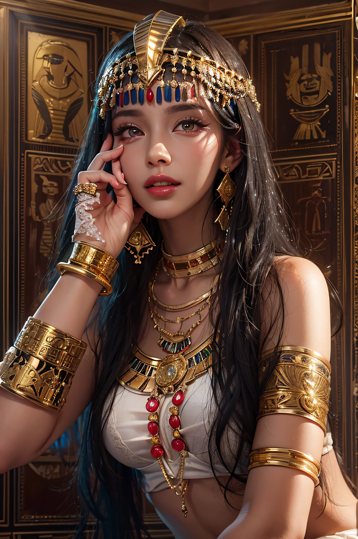 Sexy mature Cleopatra,Cleopatra,Ancient Egyptian palace,wearing ancient egyptian clothing,Ancient Egyptian decorated rooms,Ancient egyptian arranged background,Lie on the big bed(An extremely delicate and beautiful work:1.2)a very beautiful and sexy woman, Sexy and seductive, Have perfect body proportions,Tight and sexy body(Bigboobs)Perfect body curves,Moisturizes skin,clear skin texture,moist skin feeling(Advanced skin details:1.1)attractive smile,Flawless Face,black long straight hair,clear hair texture,Delicate hair(Quality hair details:1.1)egyptian dancer costume,Beautiful and delicate eyebrows and eyelashes,pretty eye makeup,Clear eye details,8K primary school students(Advanced eye detail:1.1)Sensual lips(Perfect lip shape)(seduct smile) The optimal ratio of four fingers and one thumb,Wearing gold earrings,golden necklace,Golden bangles,Gold anklet,Gold-tone waist chain,Headgear,Gold foil series,Cleopatra series,Master of photography,Perfect masterpiece,Best Picture Quality,ultra - detailed, 超高分辨率, realistically, RAW photos