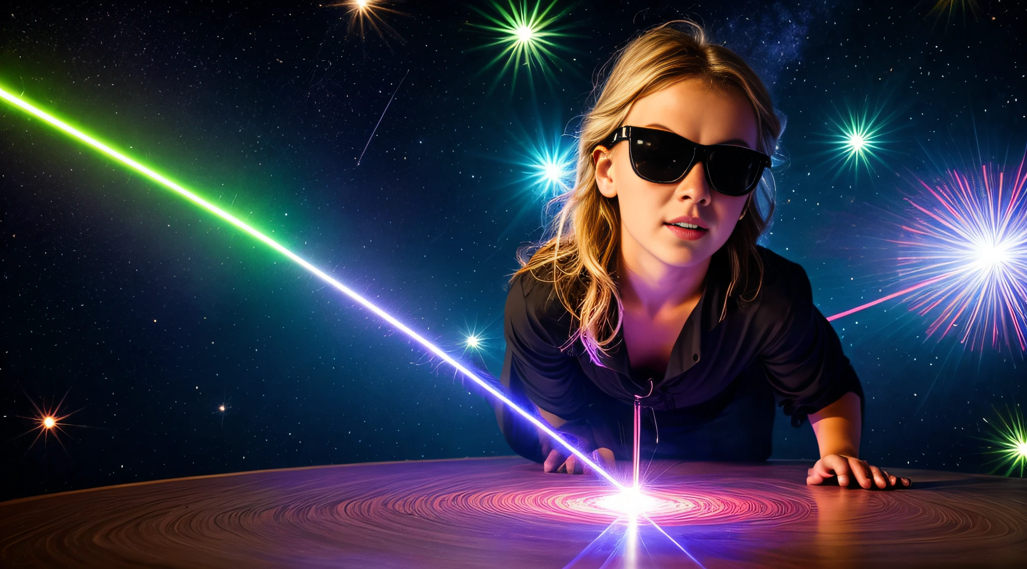 close-up CHILD BLONDE GIRL WITH VERY LONG HAIR, in a black blouse and sunglasses, a laser is being used to illuminate a circle, Rastreamento futurista de lasers, lasers brancos, dyson sphere in space, Lense Flares | | | |, Lazers, Flare FX optical lens, lasers brilhantes, lasers futuristas, Rastreamento futurista de lasers finos, disparo de Lasers, Foto de uma esfera de Dyson, feixes de laser, lasers para luzes, Neon flare lens