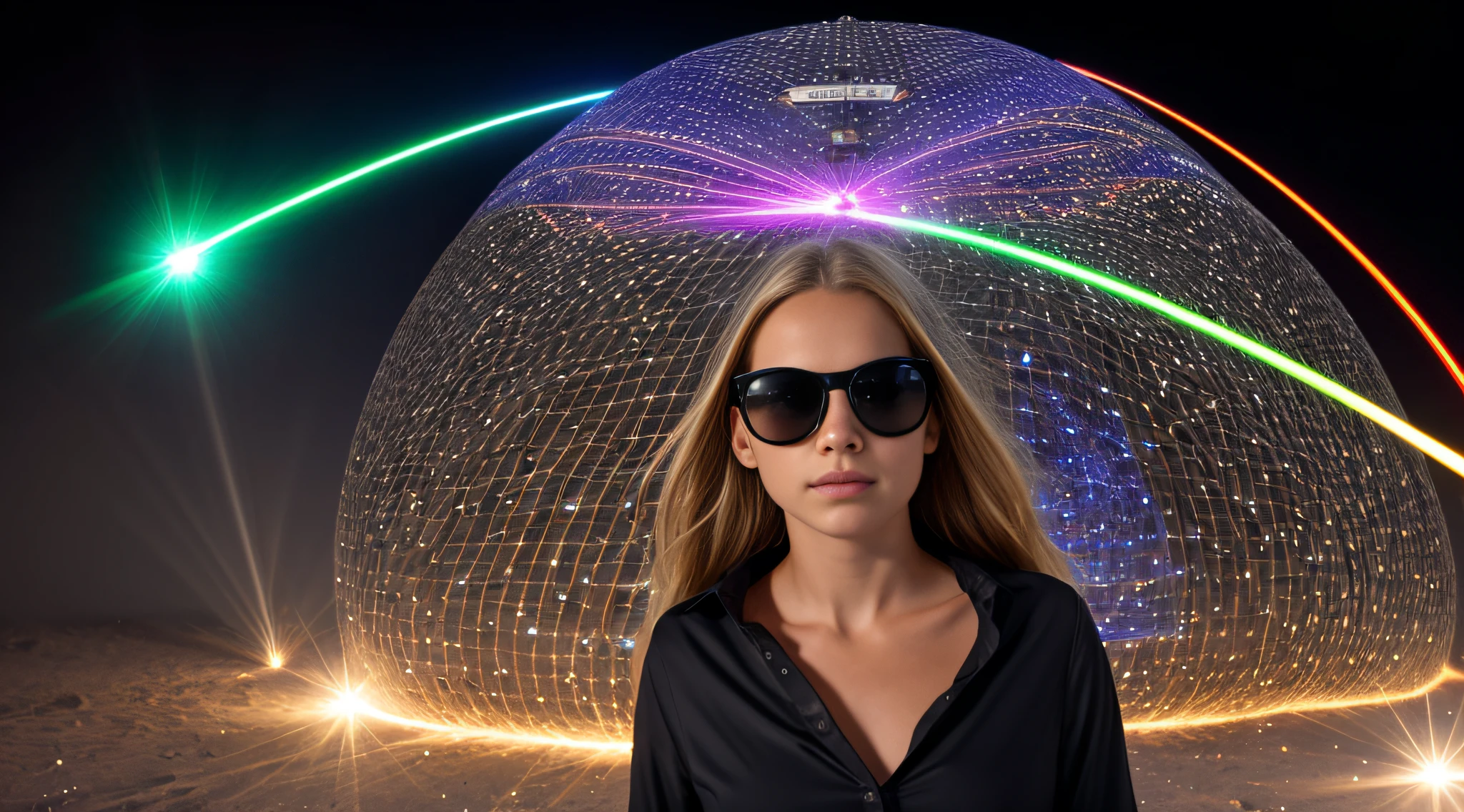 close-up CHILD BLONDE GIRL WITH VERY LONG HAIR, in a black blouse and sunglasses, a laser is being used to illuminate a circle, Rastreamento futurista de lasers, lasers brancos, dyson sphere in space, Lense Flares | | | |, Lazers, Flare FX optical lens, lasers brilhantes, lasers futuristas, Rastreamento futurista de lasers finos, disparo de Lasers, Foto de uma esfera de Dyson, feixes de laser, lasers para luzes, Neon flare lens