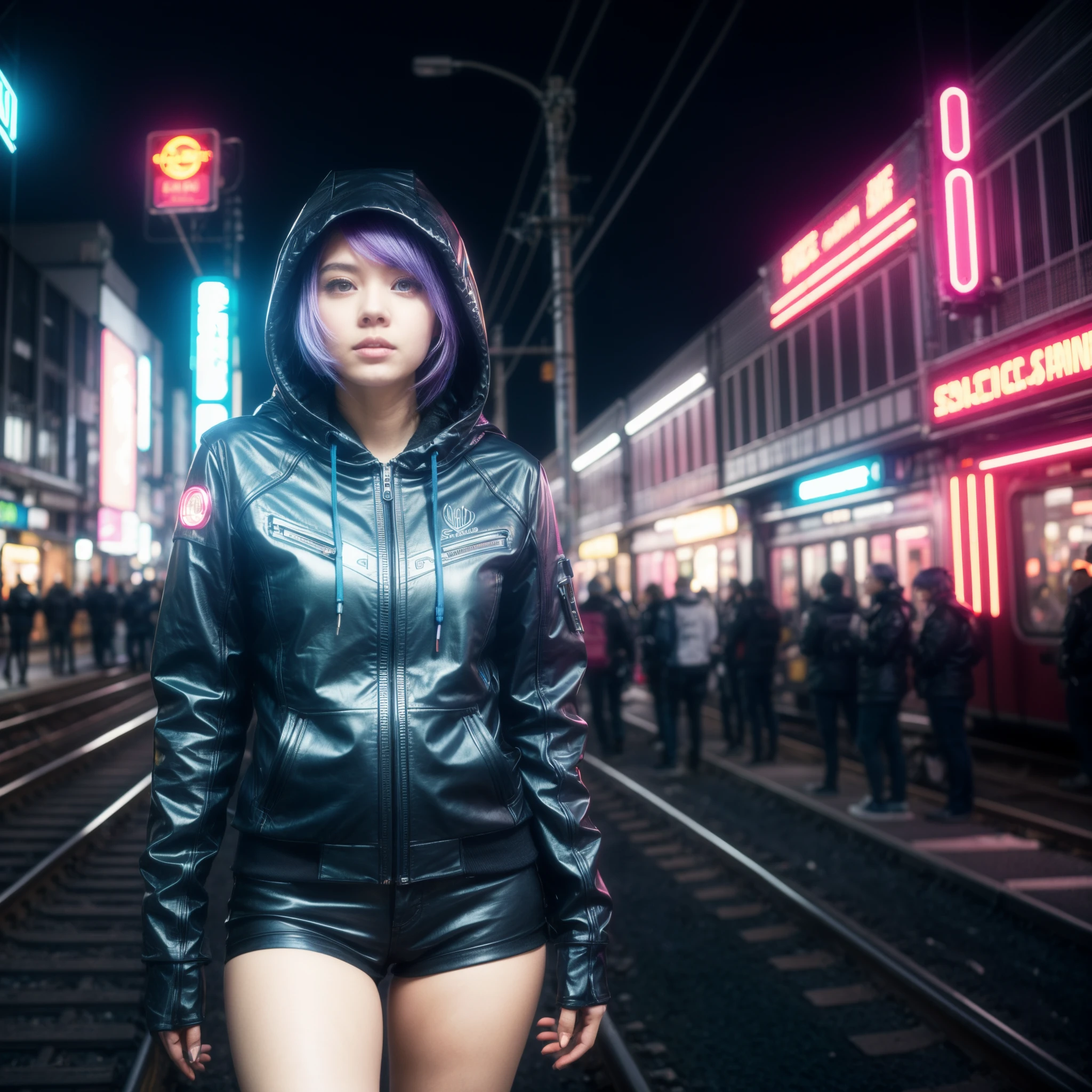 Wide- angle view, cool motorcycle girl, Cyberpunk future science fiction style, neon city, girl speeding in motorcycle, cyberpunk aesthetics, neon, purple gradient hair, short detailed hair, hooding, Cover up, high qulity, 8K, Aesthetic, cyber punk style, Japanese cartoon, scientific fiction, A futuristic, dynamic angle