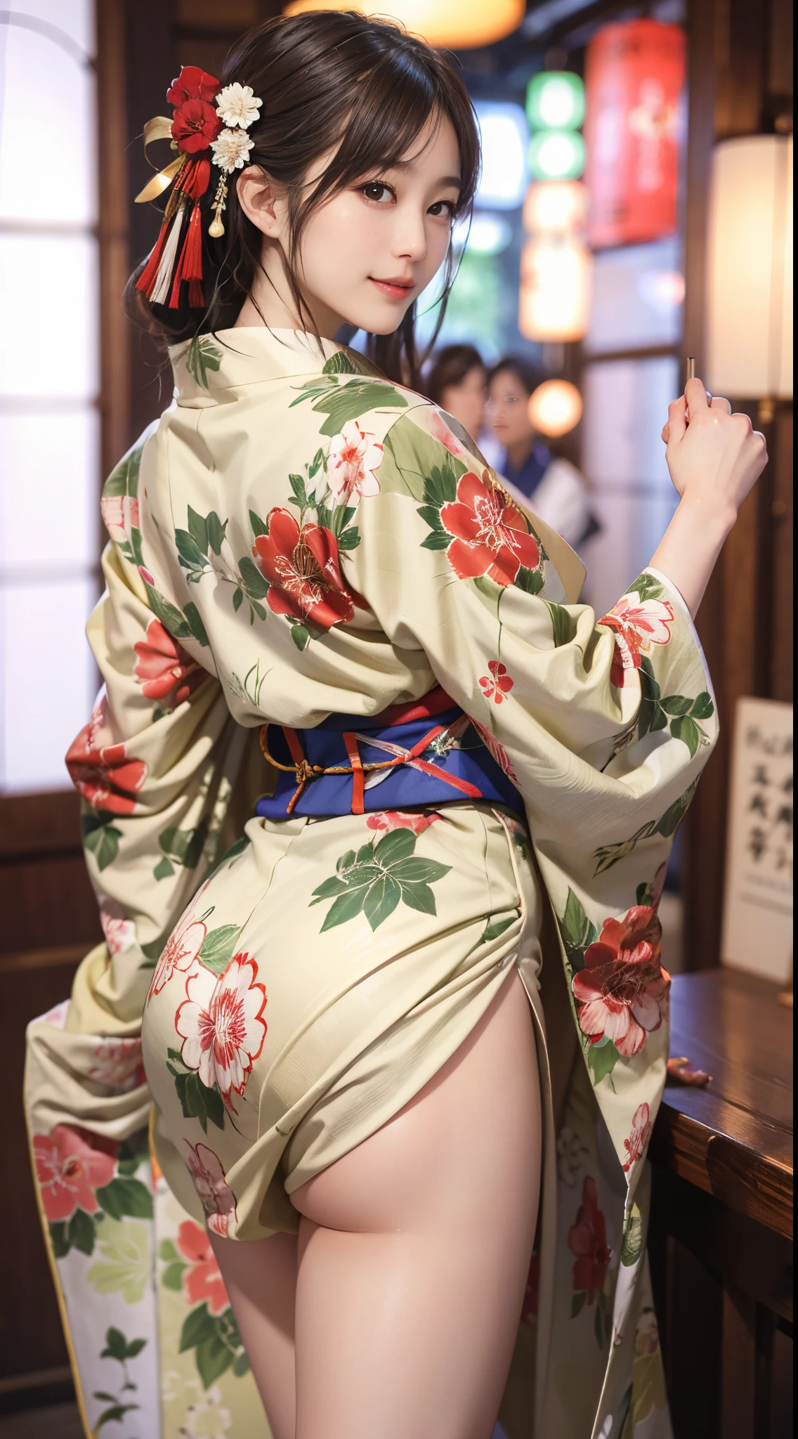 8K, top-quality, hight resolution, 真, realperson, One Beautiful Girl, a smile, traditional Japanese kimono、Luxury kimono、no wrinkles at all, full bodyesbian、huge tit、cleavage of the breast、beautiful legs、beauty legs、Her kimono is so  that her butt is visible.、She looks embarrassed as she sticks out her big butt towards the camera.、My cheeks are red and I feel embarrassed、(I drink alcohol and close my eyes and fall asleep drunk.)