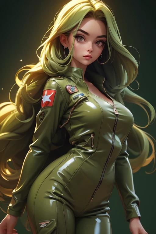 (a beautiful woman),(long hair),(olive green latex jumpsuit),illustration,ultra-detailed,photorealistic,(best quality,4k,8k,highres,masterpiece:1.2),vivid colors,sharp focus,stunning lighting