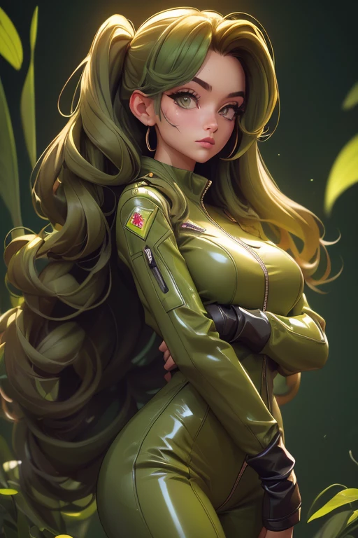 (a beautiful woman),(long hair),(olive green latex jumpsuit),illustration,ultra-detailed,photorealistic,(best quality,4k,8k,highres,masterpiece:1.2),vivid colors,sharp focus,stunning lighting