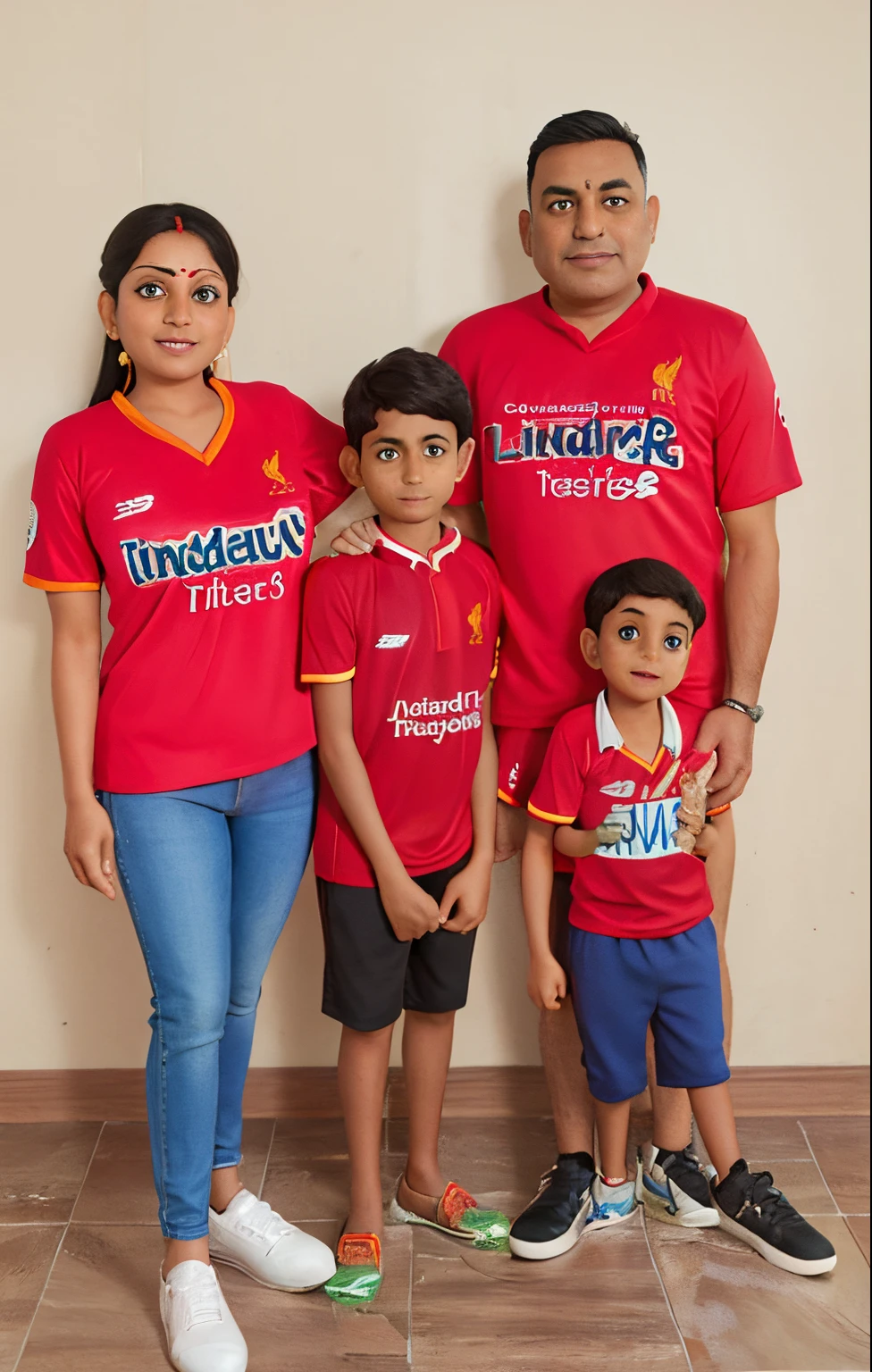 A indian family photo, mum dad and 2 boys that supports liverpool football club.