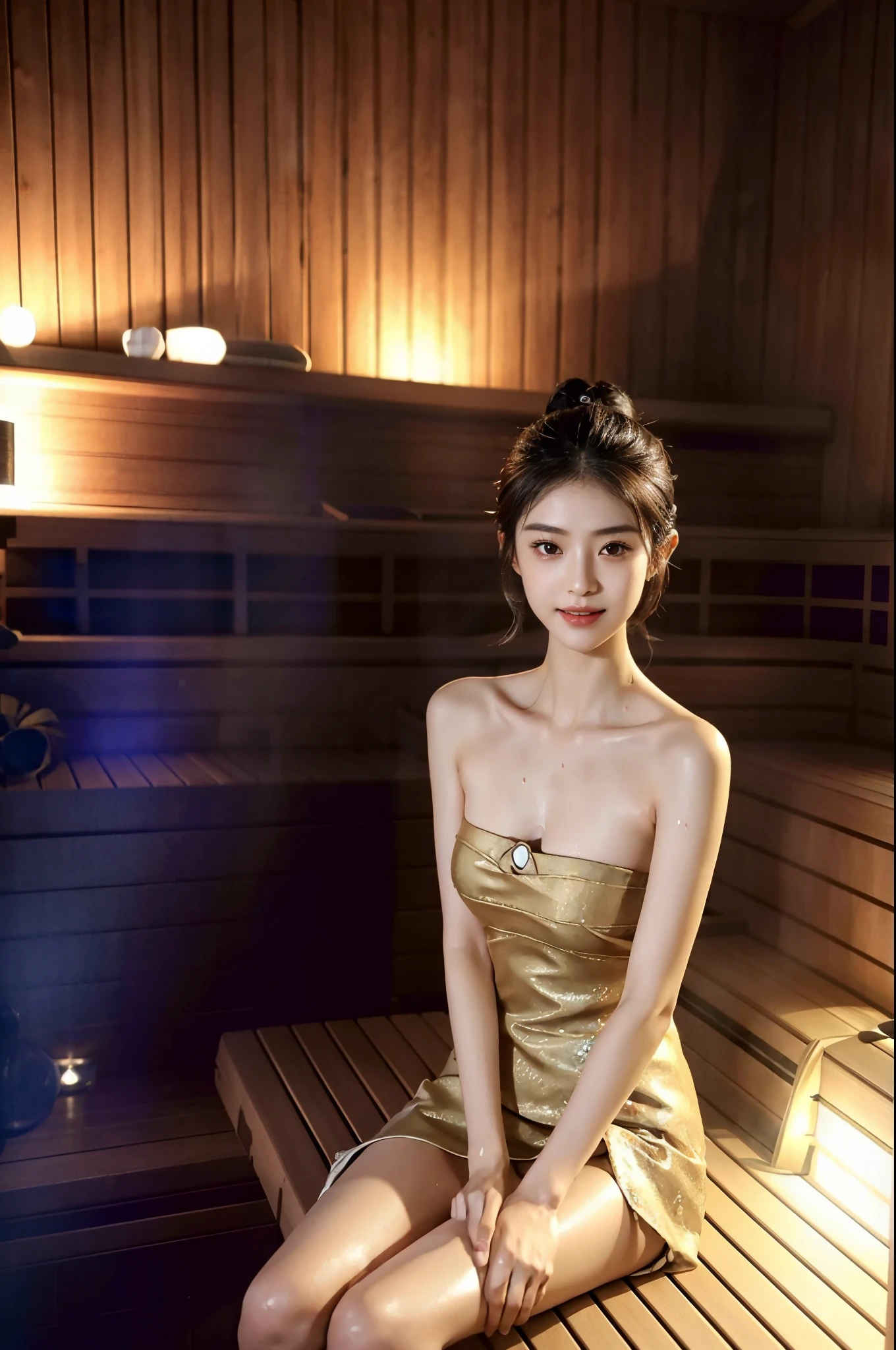 ((shoulder-length straight bob hair)),((bun hair)),Extremely meticulous CG),(((8k))),wallpaper,((Extremely refined and beautiful)),(((Masterpiece))),(((best qualtiy))),(((Ultra High Resolution))),beautiful light up，Perfect lightning,realistic shaded，[A high resolution],(Smooth and flawless fair skin:1.5),Extremely exquisite facial details,ultra - detailed,2 girls,small head,small face,clear face,Exquisite makeup,(laughing:1.2),(perfect body:1.1),small breasts,flat chest,slim,thin,bare back,slender legs,(from above:1.2),night scene,dim light,(Chinese classical interior decoration style),(sauna:1.5), (upper body:1.3),  (Photography:1.2),(cinematric light, very detailed illustration), (A very meticulously drawn face, ultra Beautiful face, ultra delicate eyes, ultra detailed nose, ultra detailed mouth, ultra detailed body, Detailed hips, detailed thigh), Cleavage,(gorgeous Exquisite embroidered short hanfu dress:1.3,strapless), shoulder off,(Sweating a lot:1.3), (Sitting on a wooden bench), Slouching,light and shadows,cowboy shot