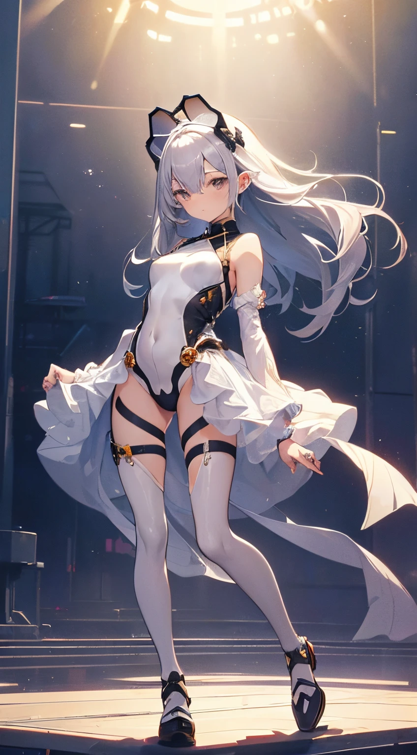 ((2D beautiful girl、top-quality、Perfect Finger 1.5、Perfect Anatomy 1.5、extremely delicate and beautiful illustration))、(Blur the background:1.2、(transform sequence)、((Bodysuits))、android、(Beautiful Slender Girl)、Fractal Art、-facetright long hair))、、Small, 、(Full body depiction:1.1)、(1 persons)、Mechanically、goggles、Near future、silber hair,Machine ears,Left arm of the machine