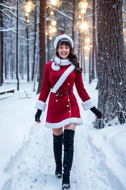 woman,short dress,santa claus costume,black boots,walking to observer,(best quality,4k,8k,highres,masterpiece:1.2),ultra-detailed,realistic,photorealistic:1.37,portraits,vivid colors,studio lighting,winter scene,cold breeze,smiling face,snow-covered ground,pine trees covered in snow,snowflakes falling in the air,magic atmosphere,sparkling lights,evoking joy and excitement