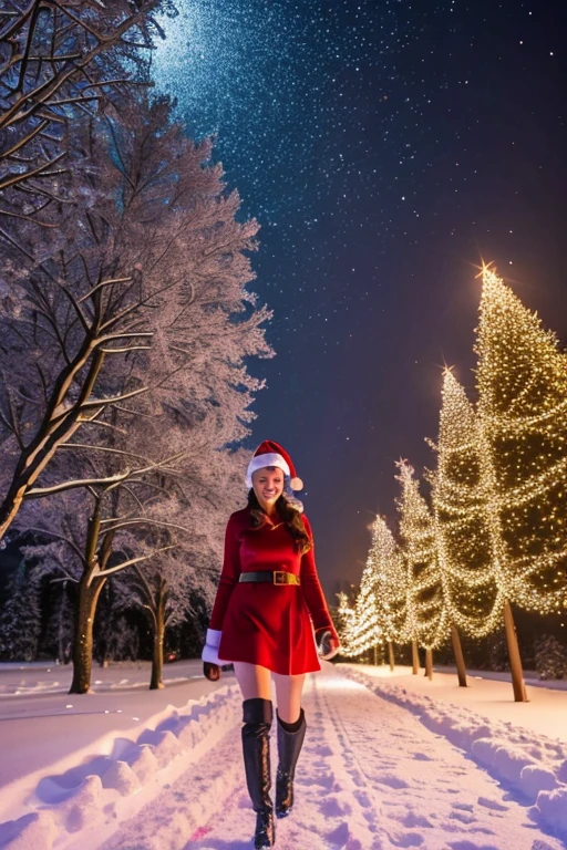 woman,short dress,santa claus costume,black boots,walking to observer,(best quality,4k,8k,highres,masterpiece:1.2),ultra-detailed,realistic,photorealistic:1.37,portraits,vivid colors,studio lighting,winter scene,cold breeze,smiling face,snow-covered ground,pine trees covered in snow,snowflakes falling in the air,magic atmosphere,sparkling lights,evoking joy and excitement