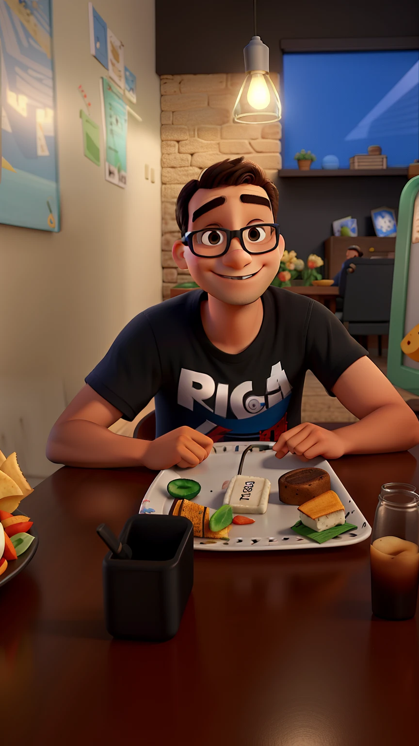 Rapaz jovem e feliz sentado em uma mesa estilo pixar