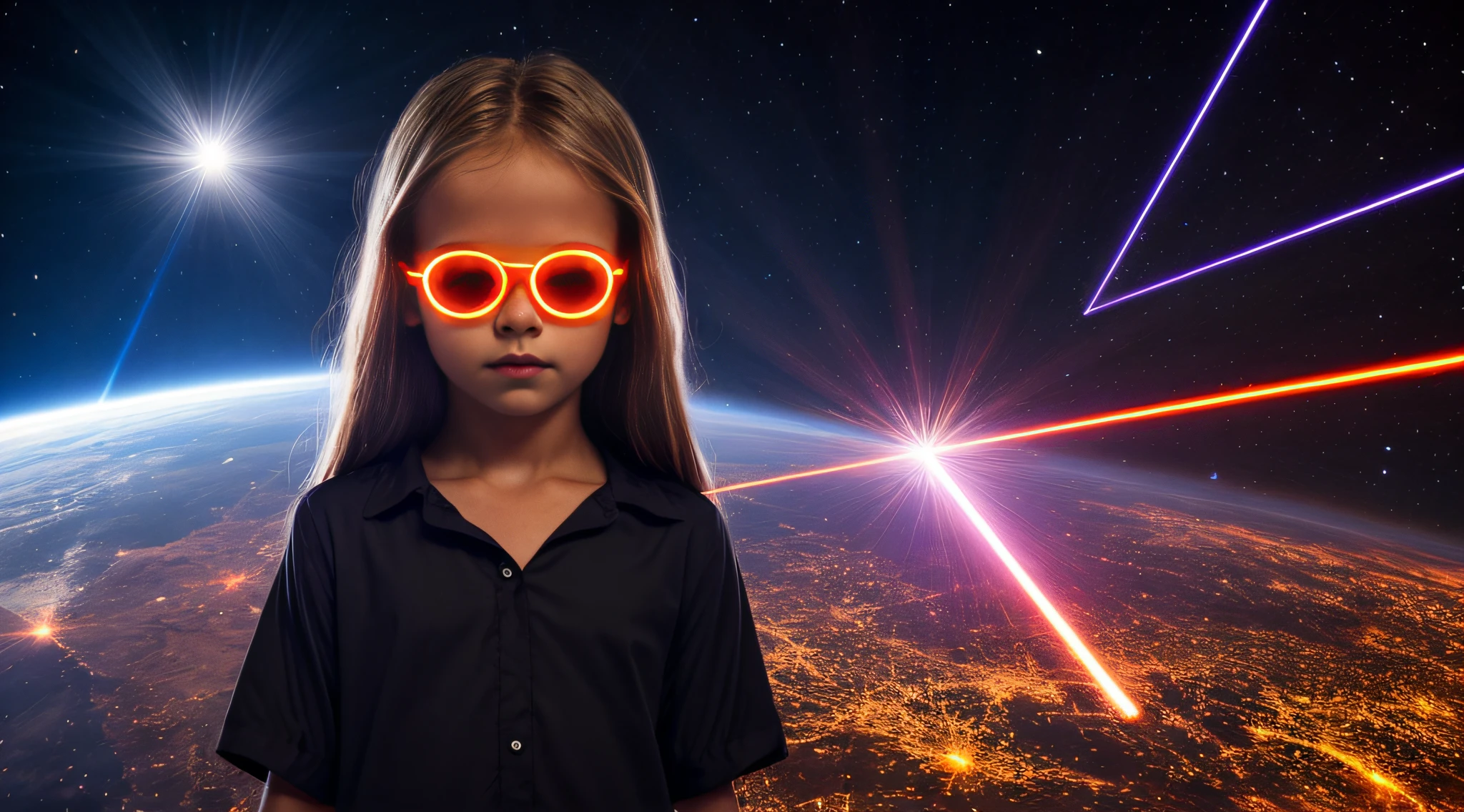 close-up CHILD BLONDE GIRL WITH VERY LONG HAIR, in a black blouse and sunglasses, a laser is being used to illuminate a circle, Rastreamento futurista de lasers, lasers brancos, dyson sphere in space, Lense Flares | | | |, Lazers, Flare FX optical lens, lasers brilhantes, lasers futuristas, Rastreamento futurista de lasers finos, disparo de Lasers, Foto de uma esfera de Dyson, feixes de laser, lasers para luzes, Neon flare lens