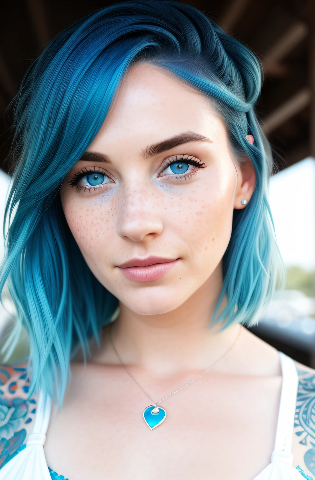 A woman in her 20s, looking at the camera, she has freckles, blue eyes, she has Lush blue hair, tattoos on neck, wearing white dress, hyperdetailed, hyperrealism, ((best quality)), ((masterpiece)), (detailed), 8k uhd, Nikon 70d, ISO200, F/2.8, 1/25sec, 70mm