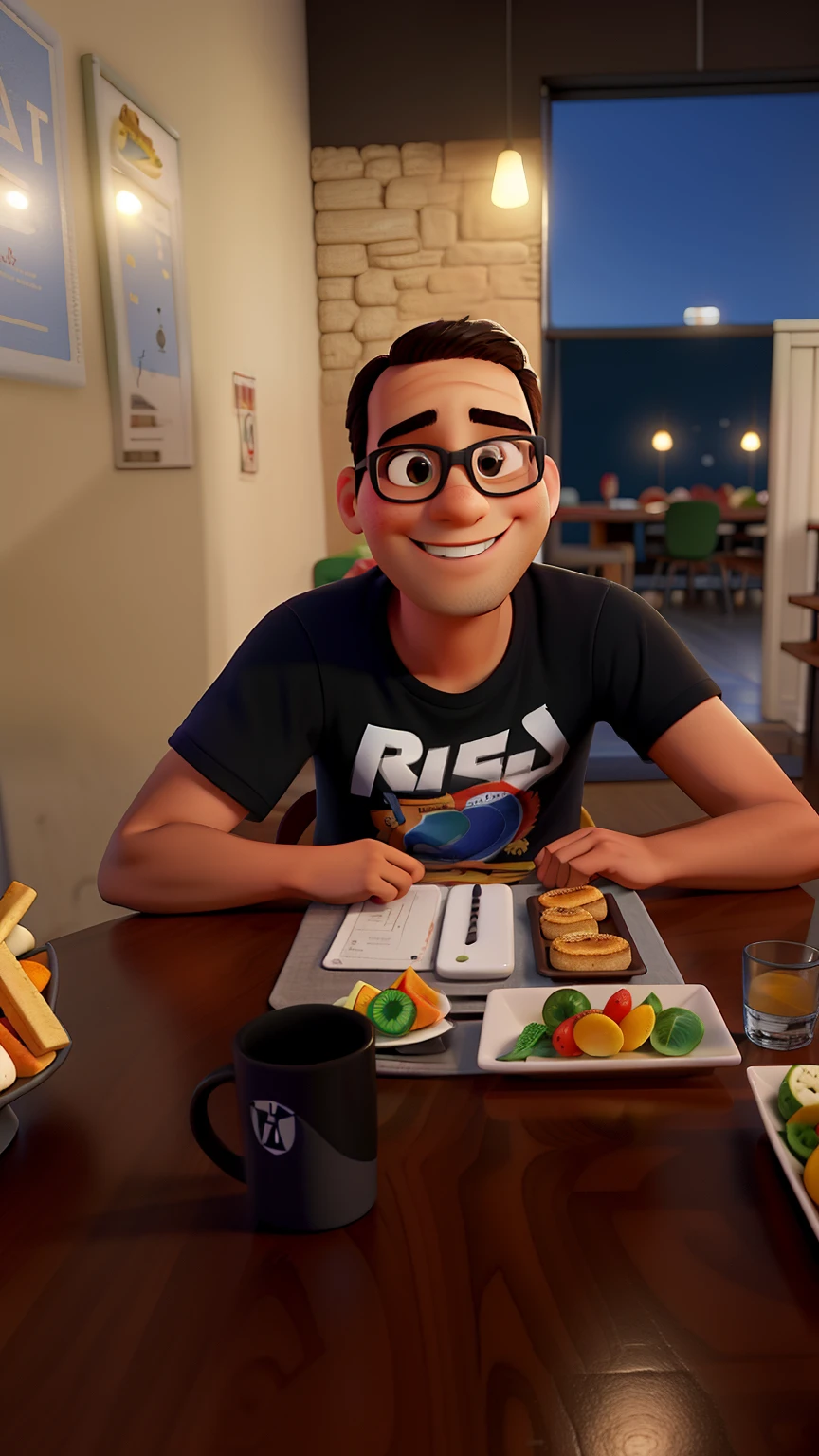 Rapaz jovem e feliz sentado em uma mesa estilo pixar