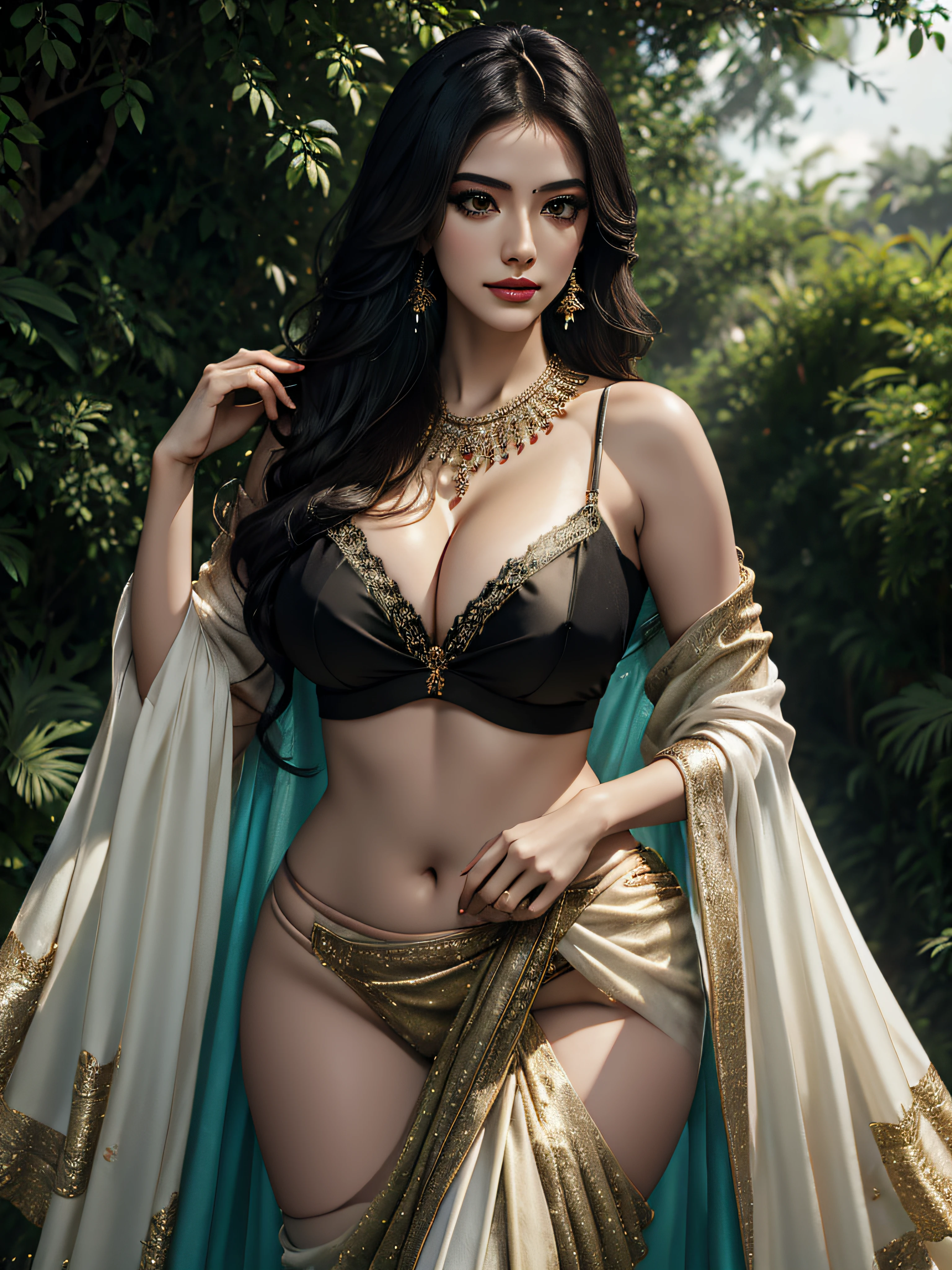 ((Huge smiling:0.5)) In a picturesque garden full of flowers, amidst a stunning woman((( Anne Hathaway:Selena Gomez:0.6))) , 185 cm tall in a vibrant black and white saree strikes a seductive pose, enchanting all who lay eyes upon her. Delicate petals glisten with raindrops, armpit pose, armpit, while trees sway with the rhythm of the wind, creating a mesmerizing bokeh backdrop. As the droplets cascade down her curves, the atmosphere becomes charged with sensual energy. Explore the allure and raw sensuality of this captivating woman, as she embraces the magic of the monsoon, don't create out of frame illustration
